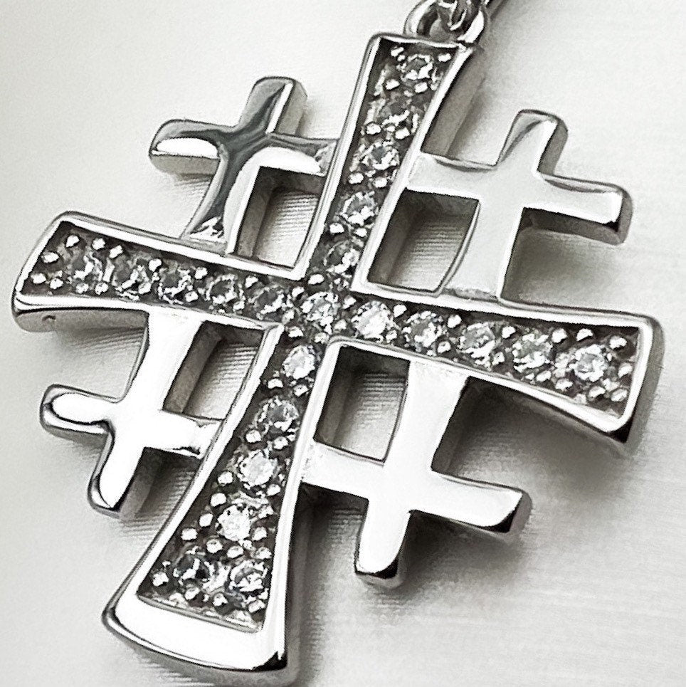 Jerusalem Cross Pendant with White Zircons in Silver 925