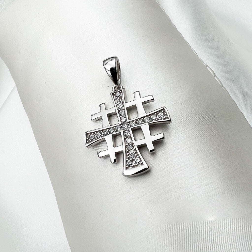 Jerusalem Cross Pendant with White Zircons in Silver 925