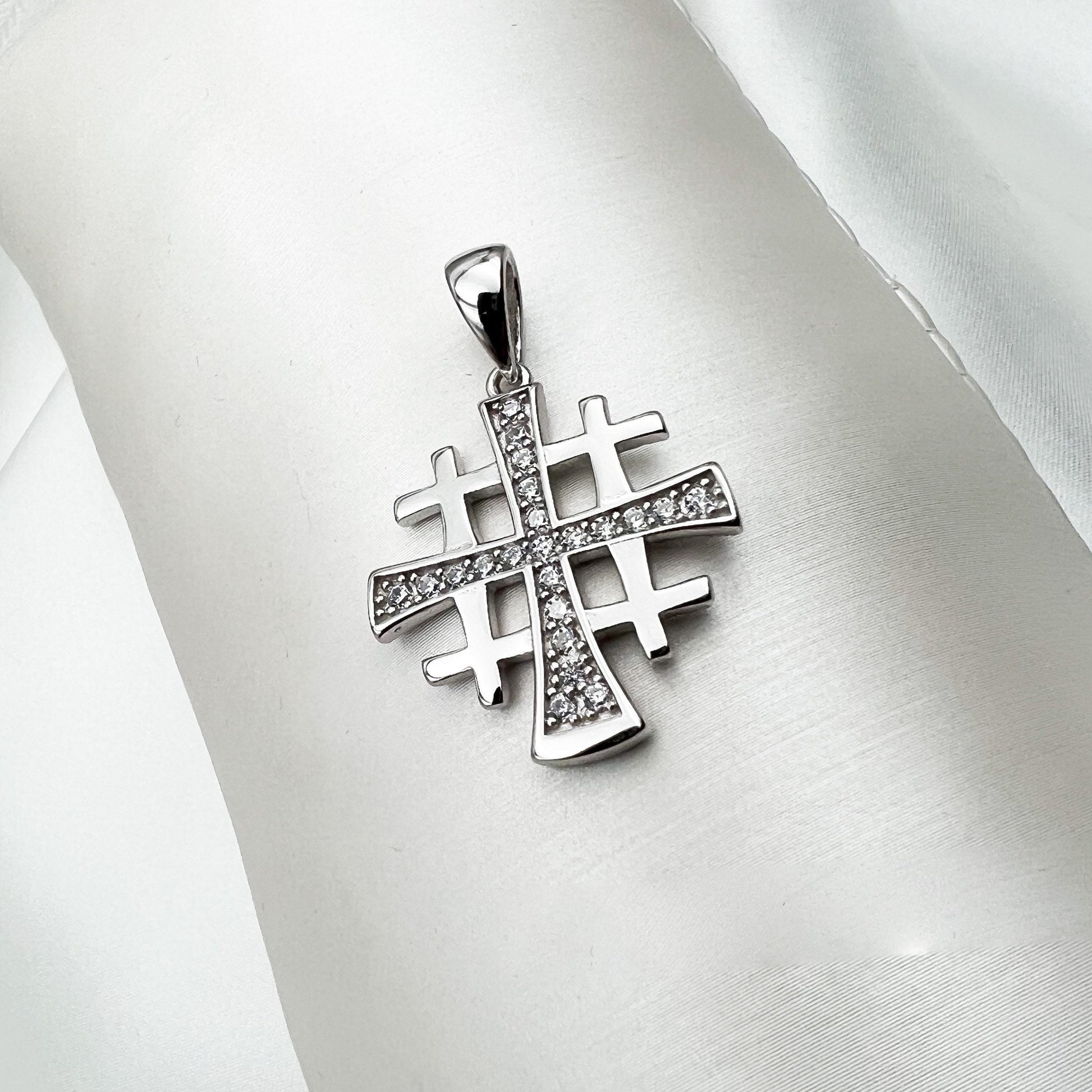 Jerusalem Cross Pendant with White Zircons in Silver 925