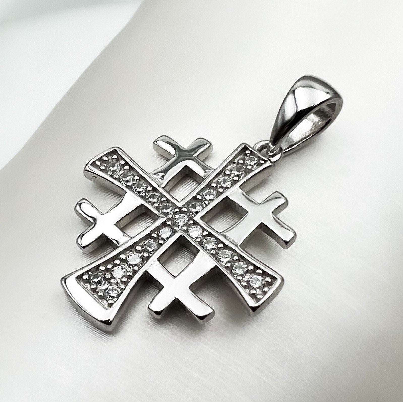Jerusalem Cross Pendant with White Zircons in Silver 925