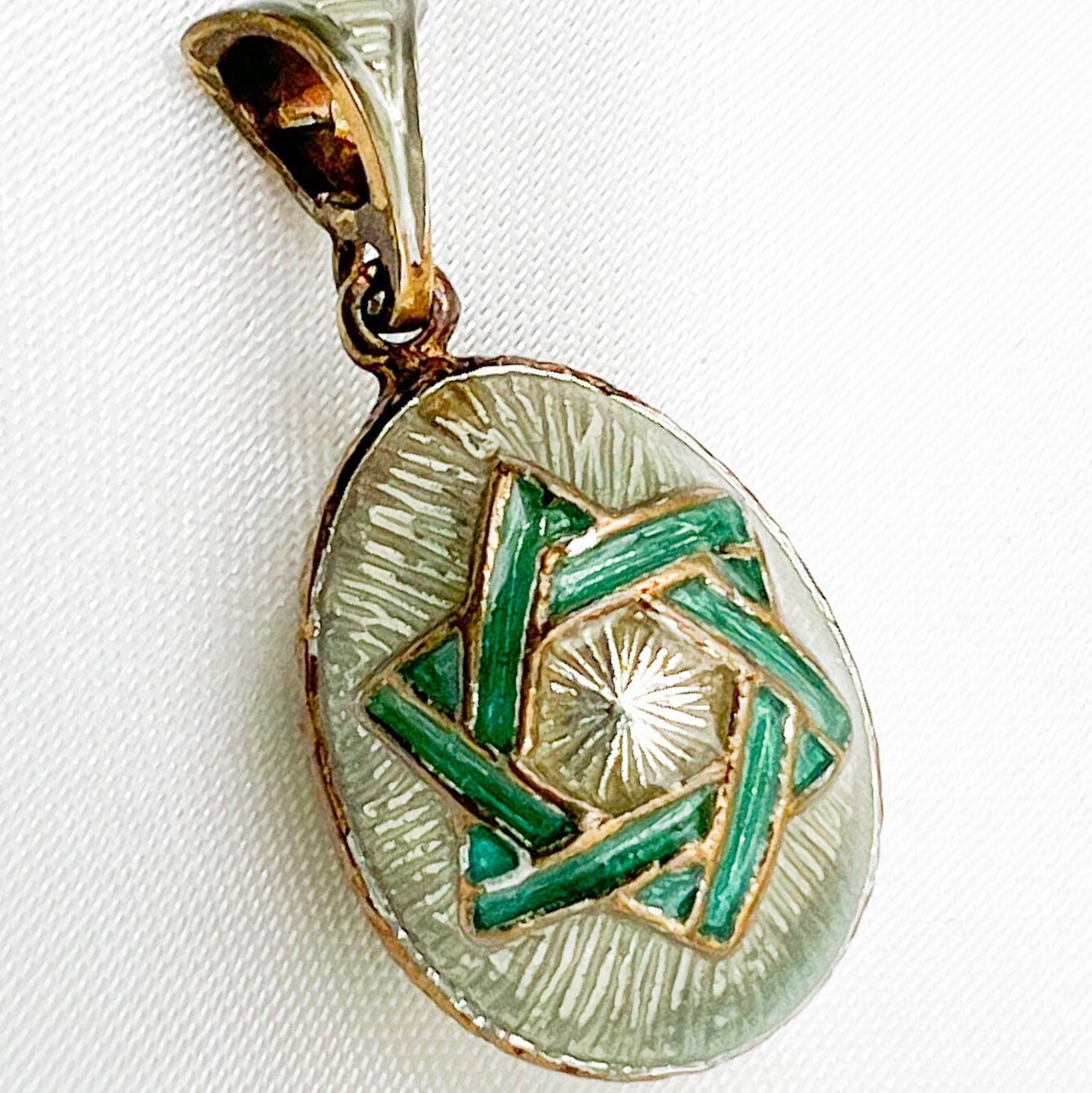 Handmade Gold Tone Green Blessing Egg Pendant with Star of David from Jerusalem