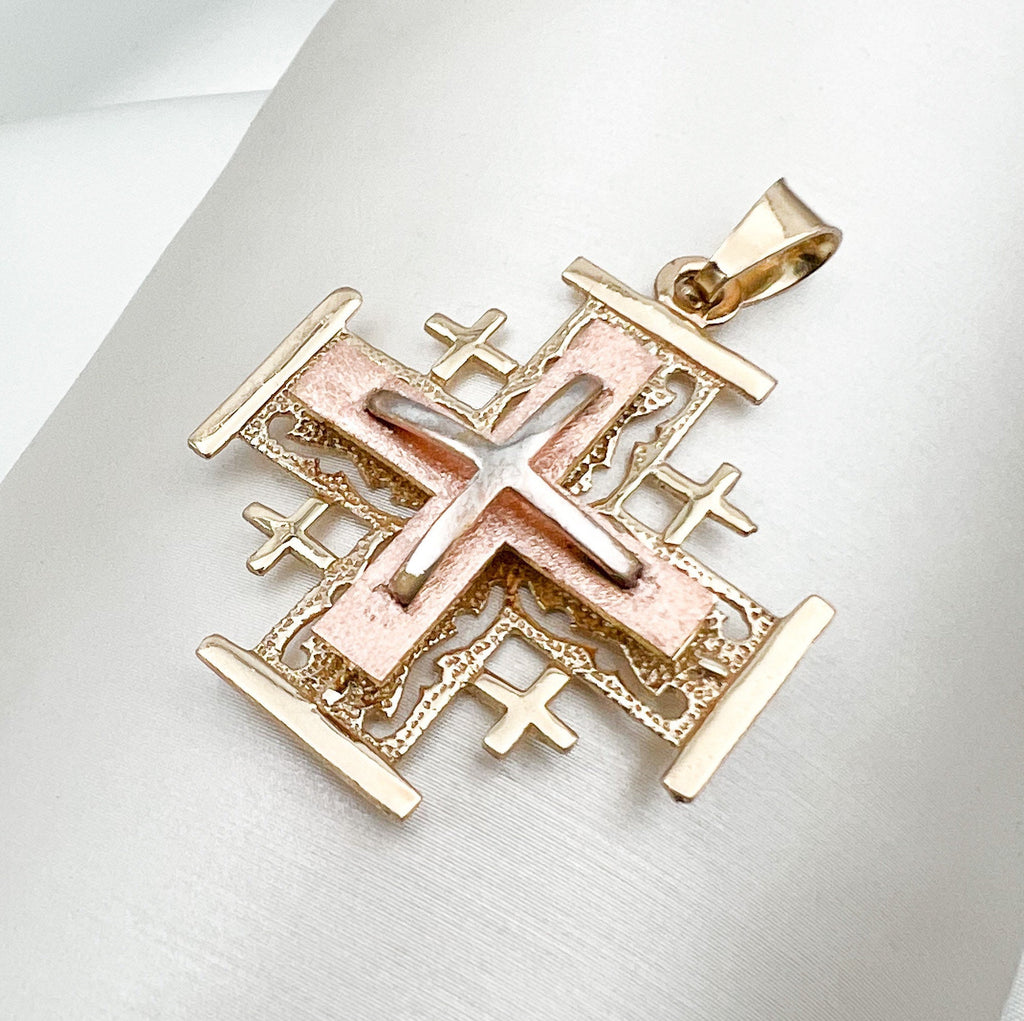 Three-Tone 14k Gold Jerusalem Cross Pendant with Yellow, White and Rose Gold