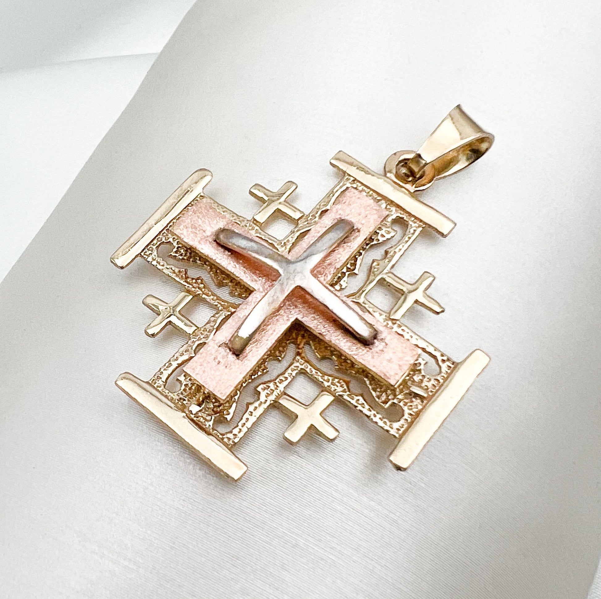Three-Tone 14k Gold Jerusalem Cross Pendant with Yellow, White and Rose Gold