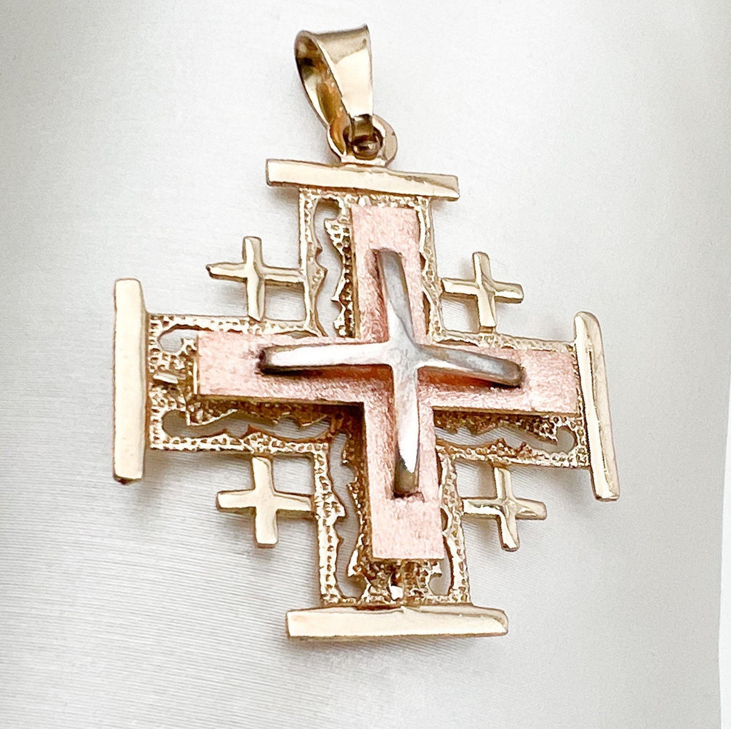 Three-Tone 14k Gold Jerusalem Cross Pendant with Yellow, White and Rose Gold