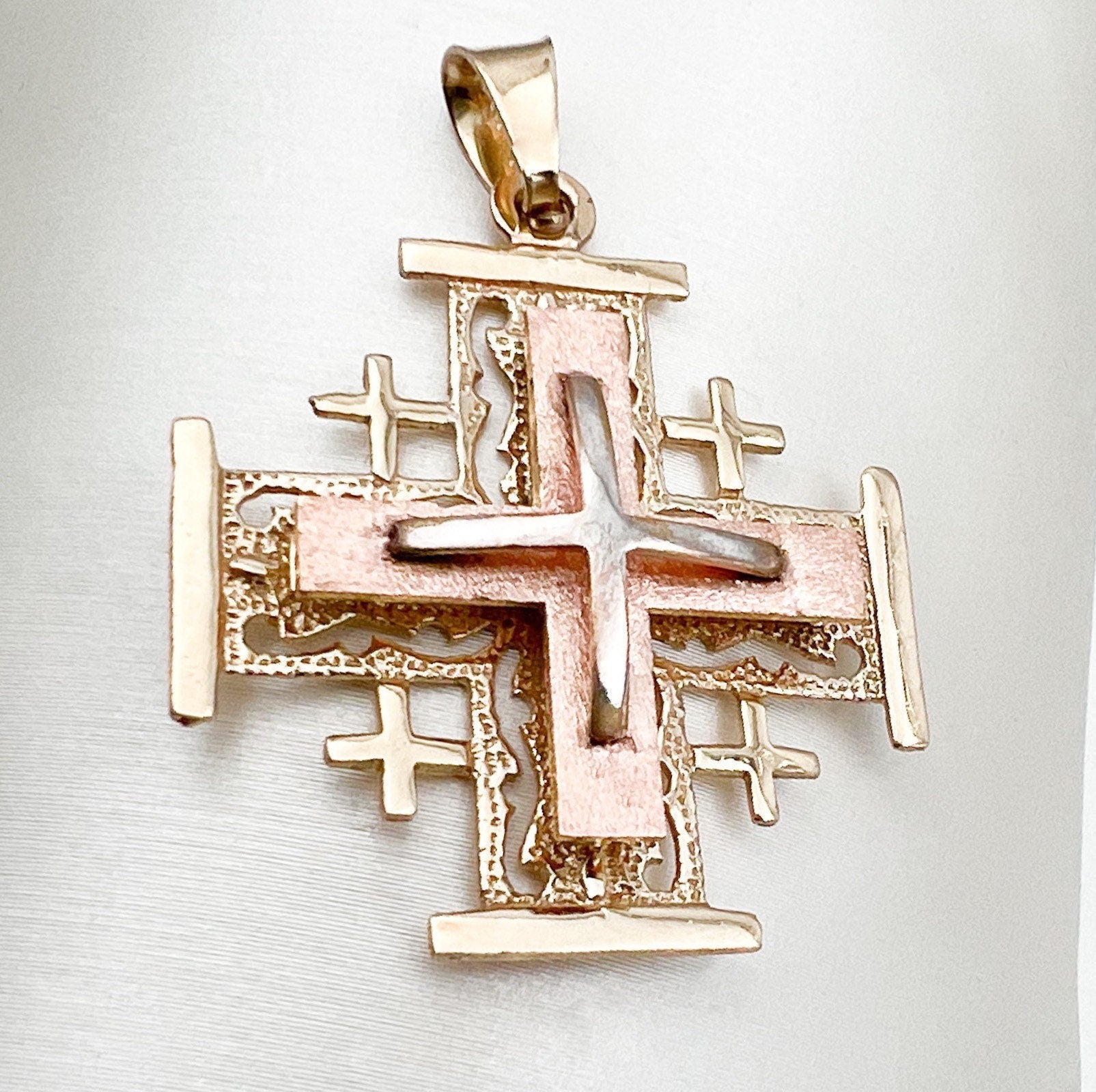 Three-Tone 14k Gold Jerusalem Cross Pendant with Yellow, White and Rose Gold