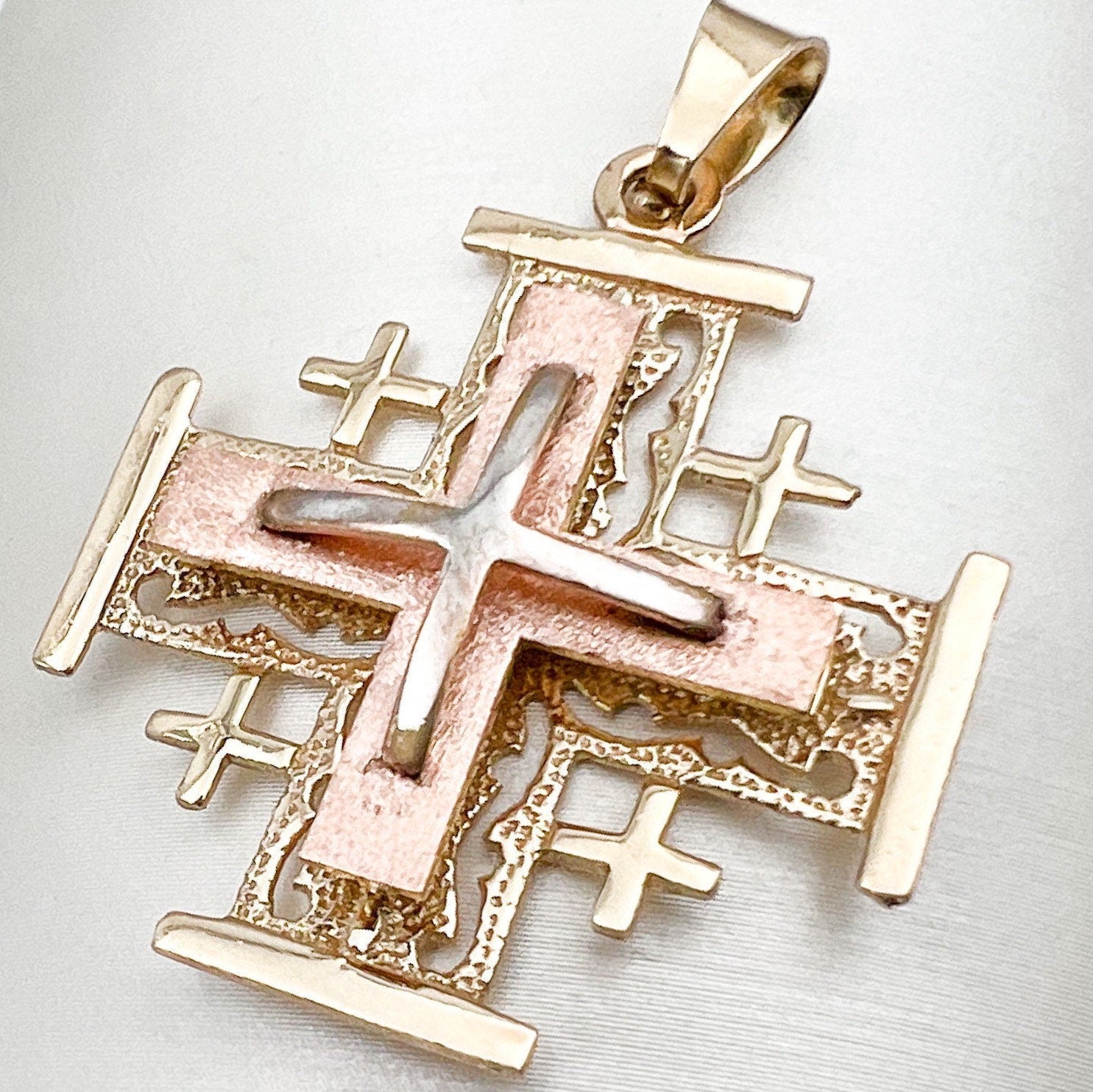 Three-Tone 14k Gold Jerusalem Cross Pendant with Yellow, White and Rose Gold