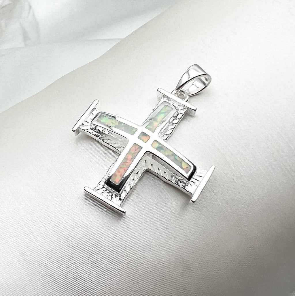 White Opal Cross Pendant Necklace – Silver 925