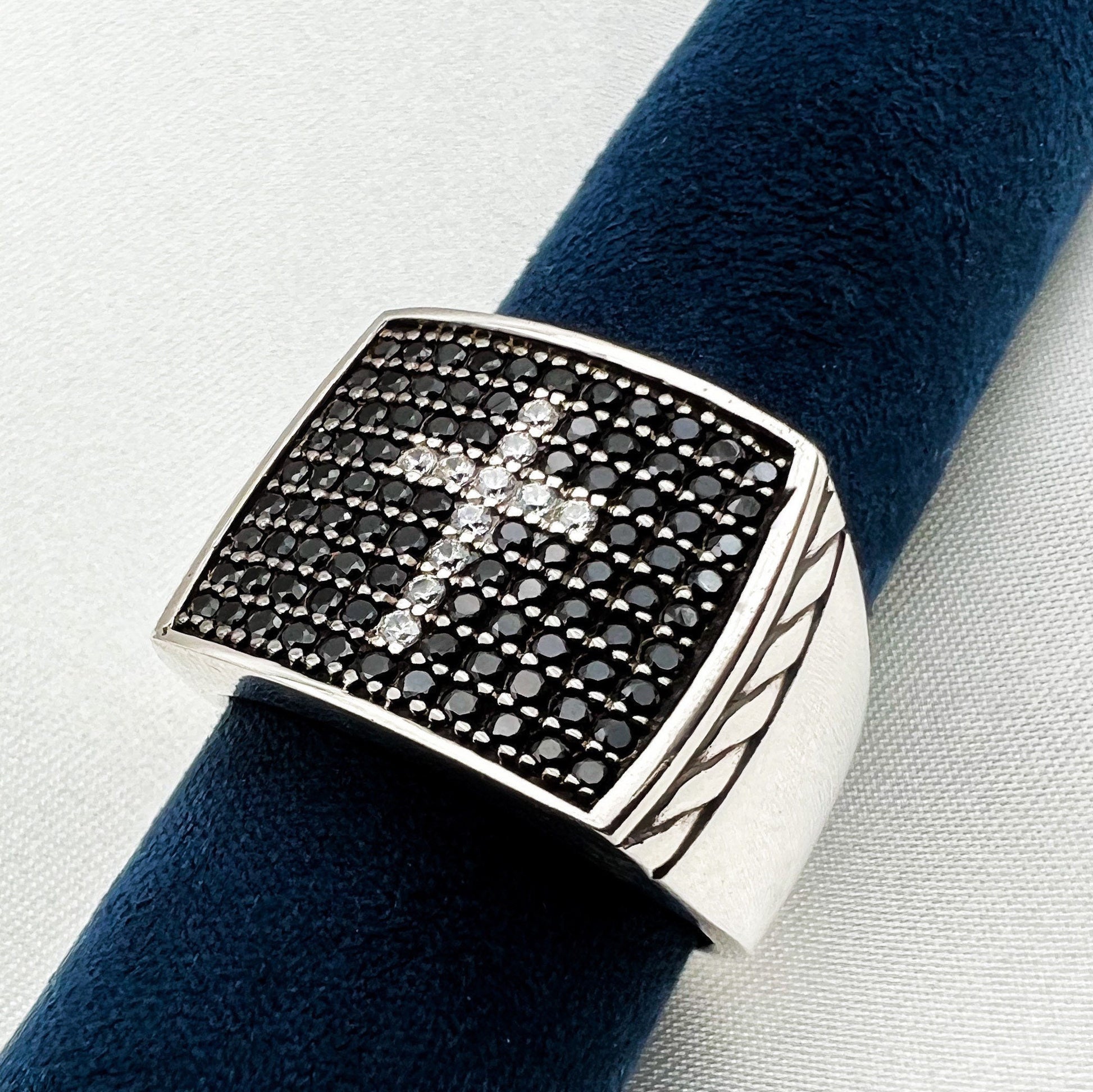 Striking Men's Silver Cross Ring with Black Onyx and Zircons – A Symbol of Strength