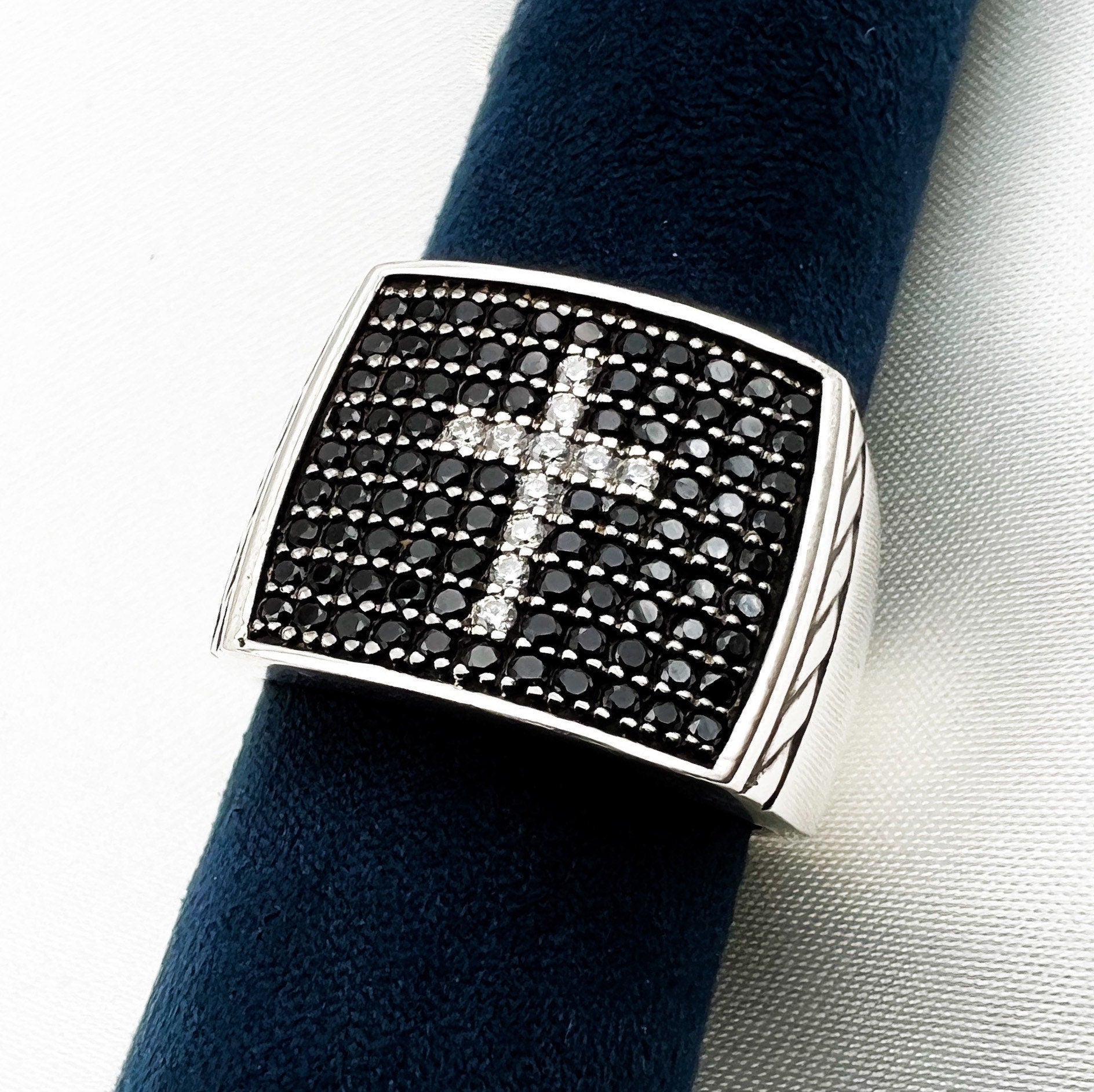 Striking Men's Silver Cross Ring with Black Onyx and Zircons – A Symbol of Strength