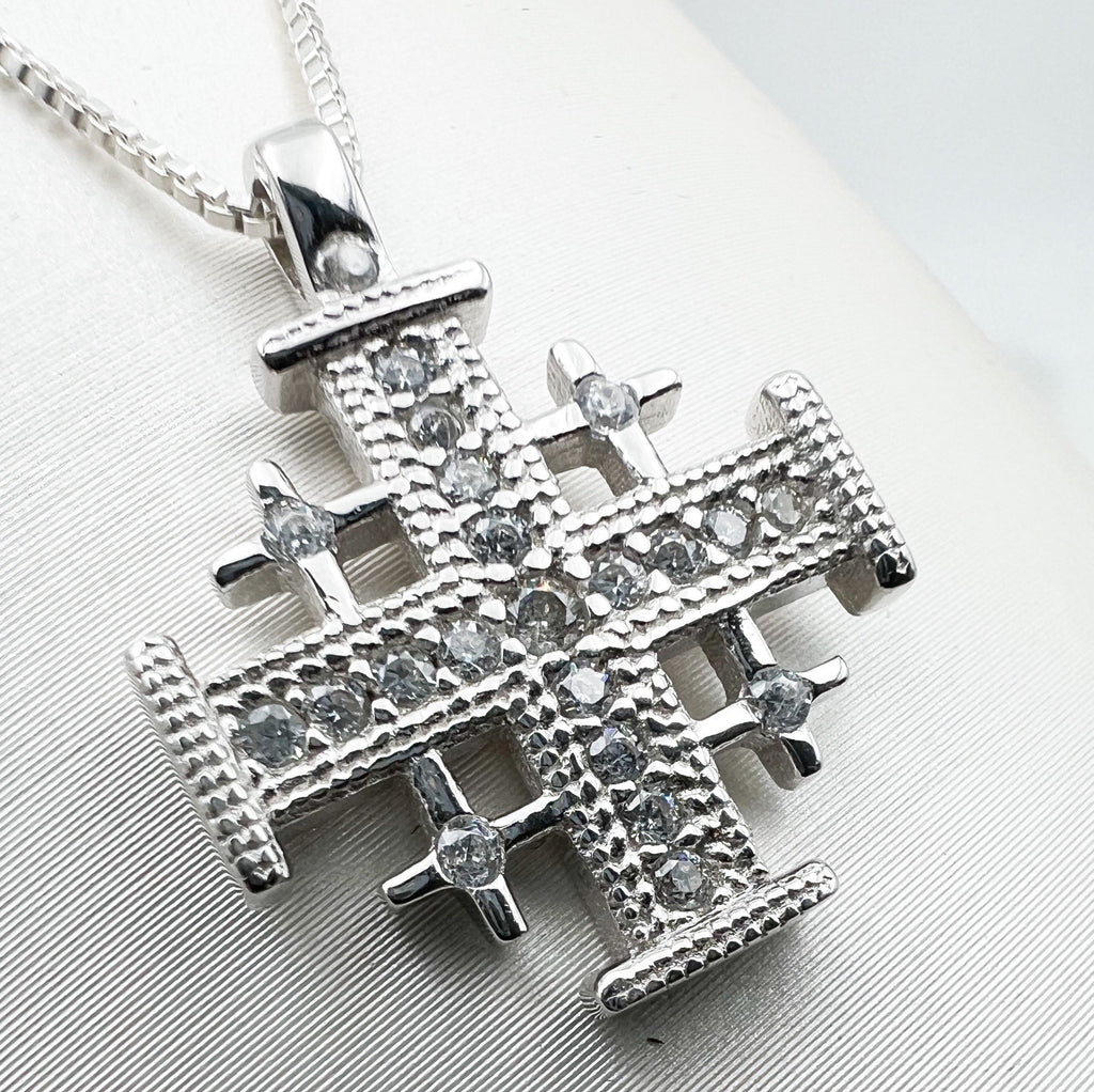 Jerusalem Cross Pendant in Silver 925 with White Zircons