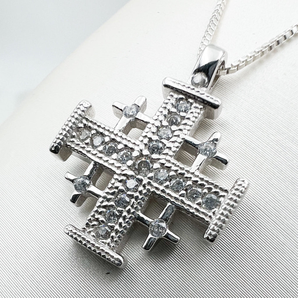 Jerusalem Cross Pendant in Silver 925 with White Zircons