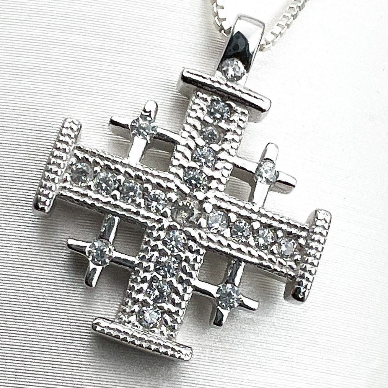 Jerusalem Cross Pendant in Silver 925 with White Zircons