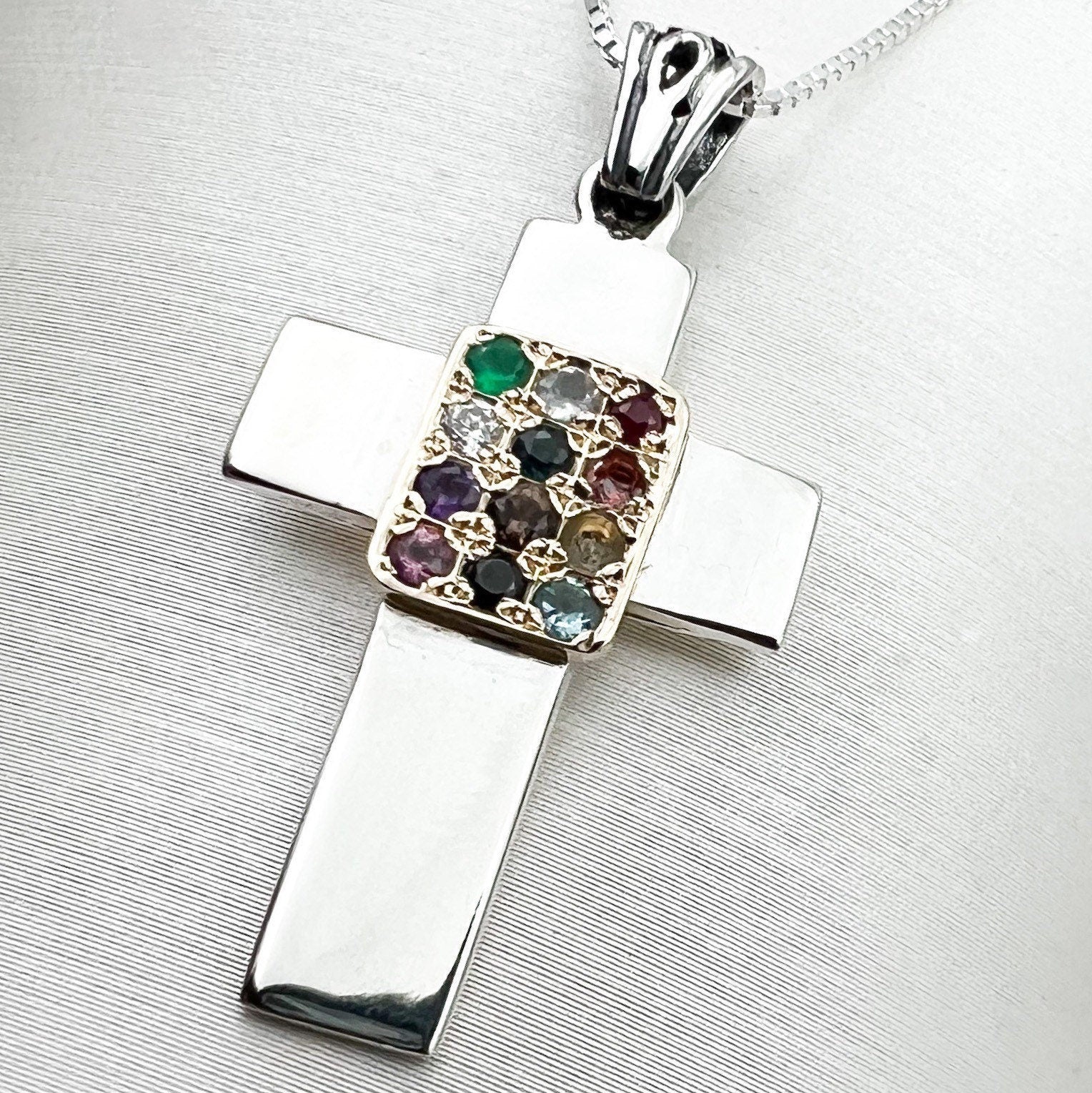 Sacred Cross with 12 Hoshen Stones in Silver 925 and 14k Gold Design