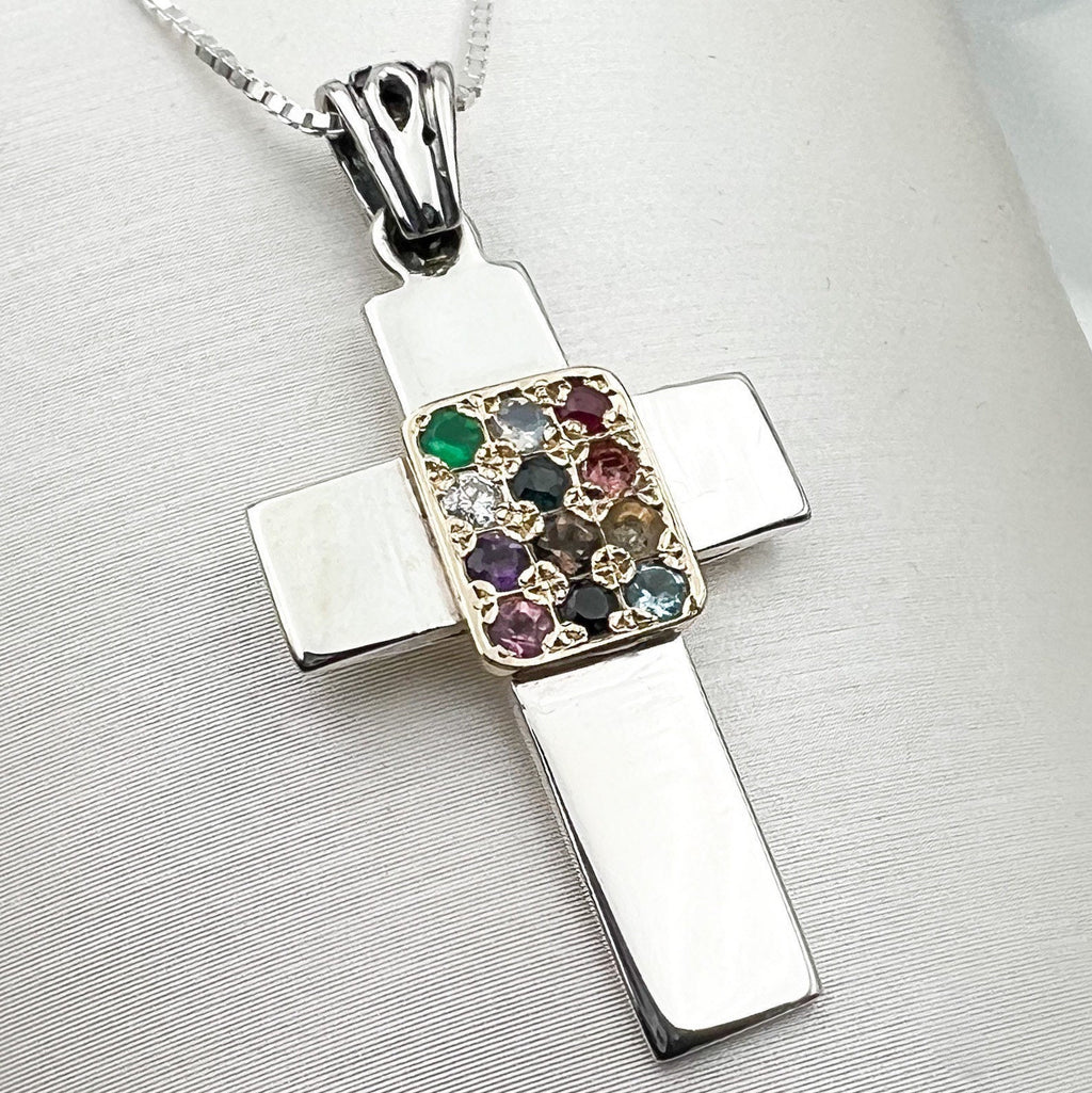Sacred Cross with 12 Hoshen Stones in Silver 925 and 14k Gold Design