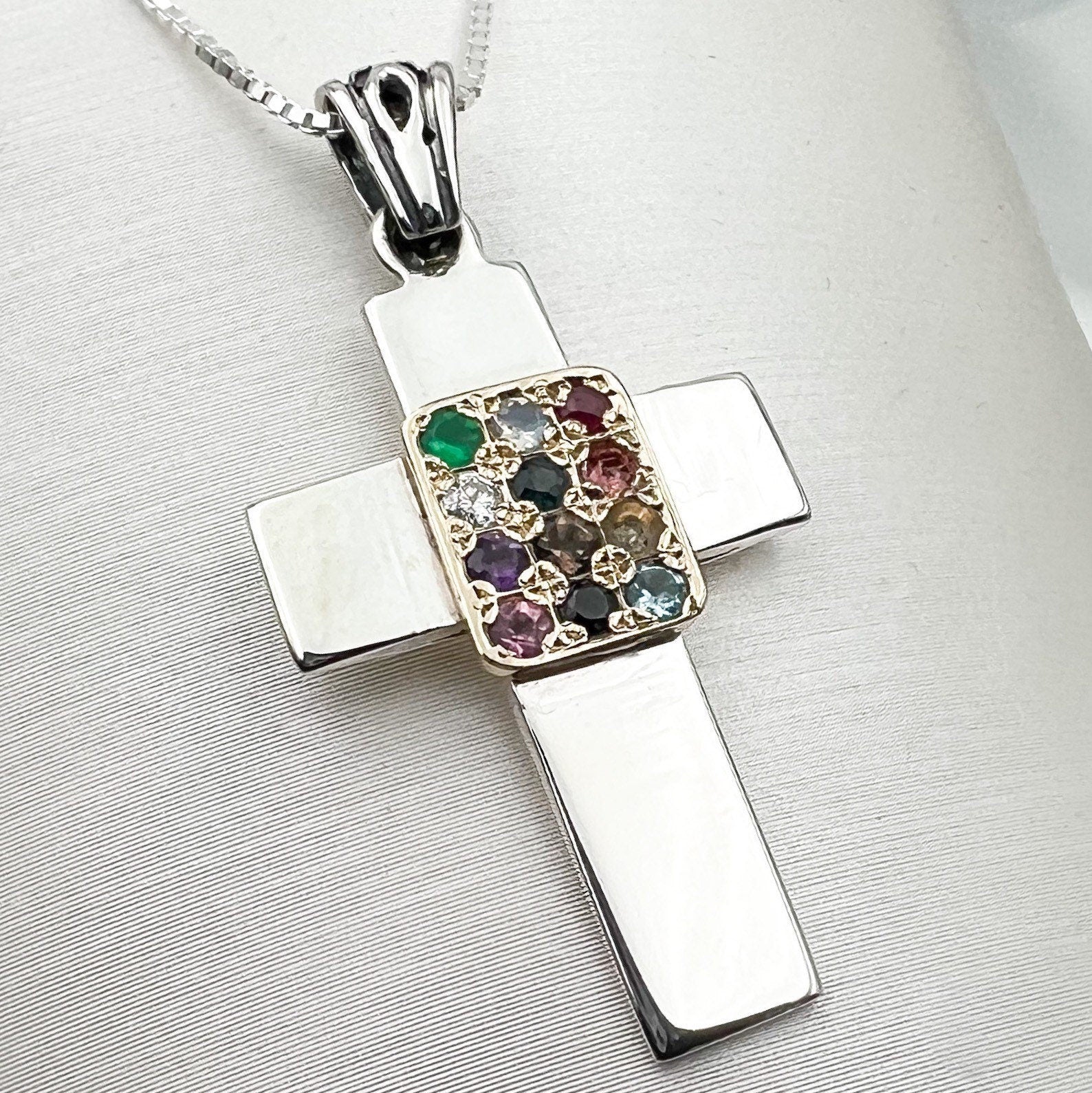 Sacred Cross with 12 Hoshen Stones in Silver 925 and 14k Gold Design