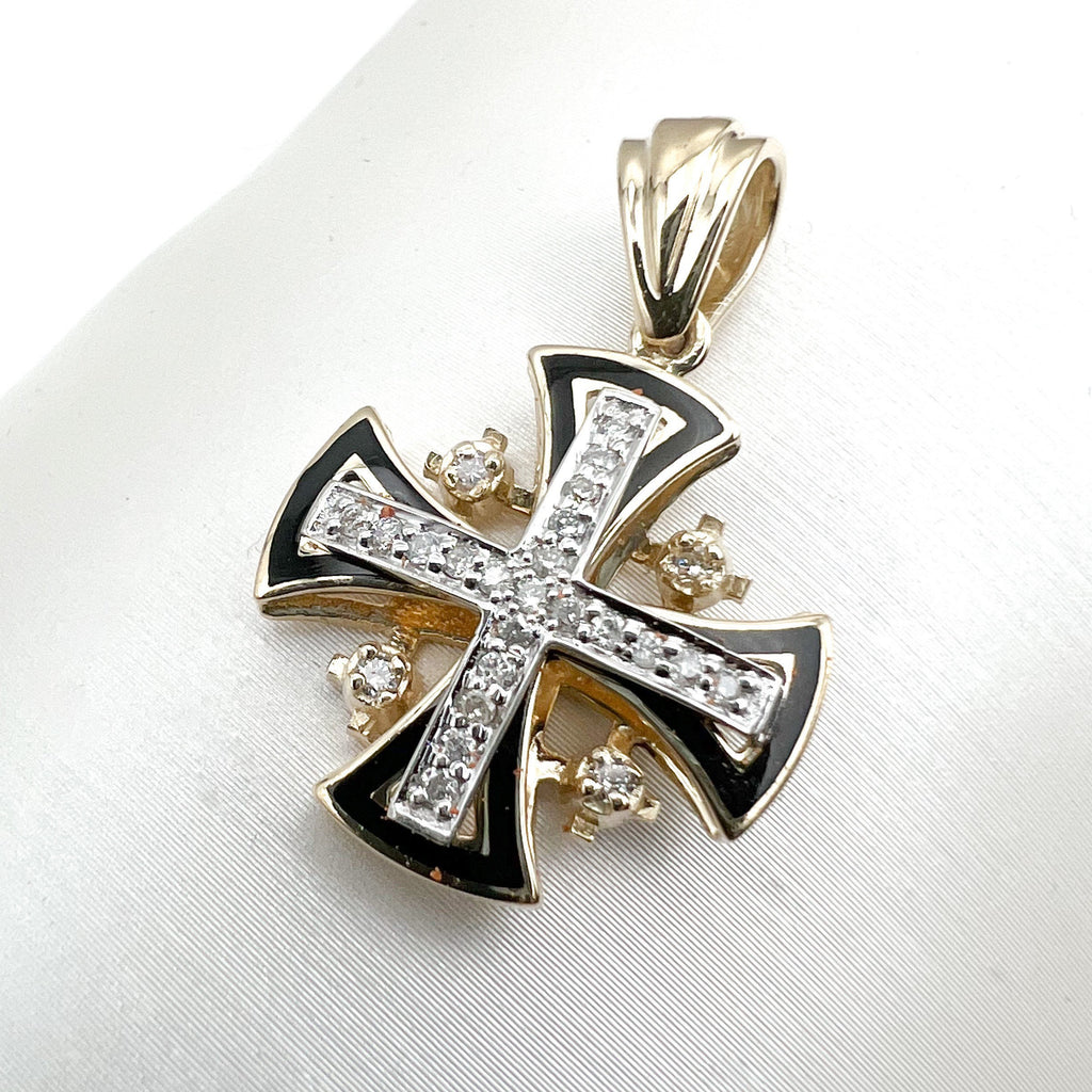 Jerusalem Cross Pendant in 14k Gold with Diamonds and Black Enamel