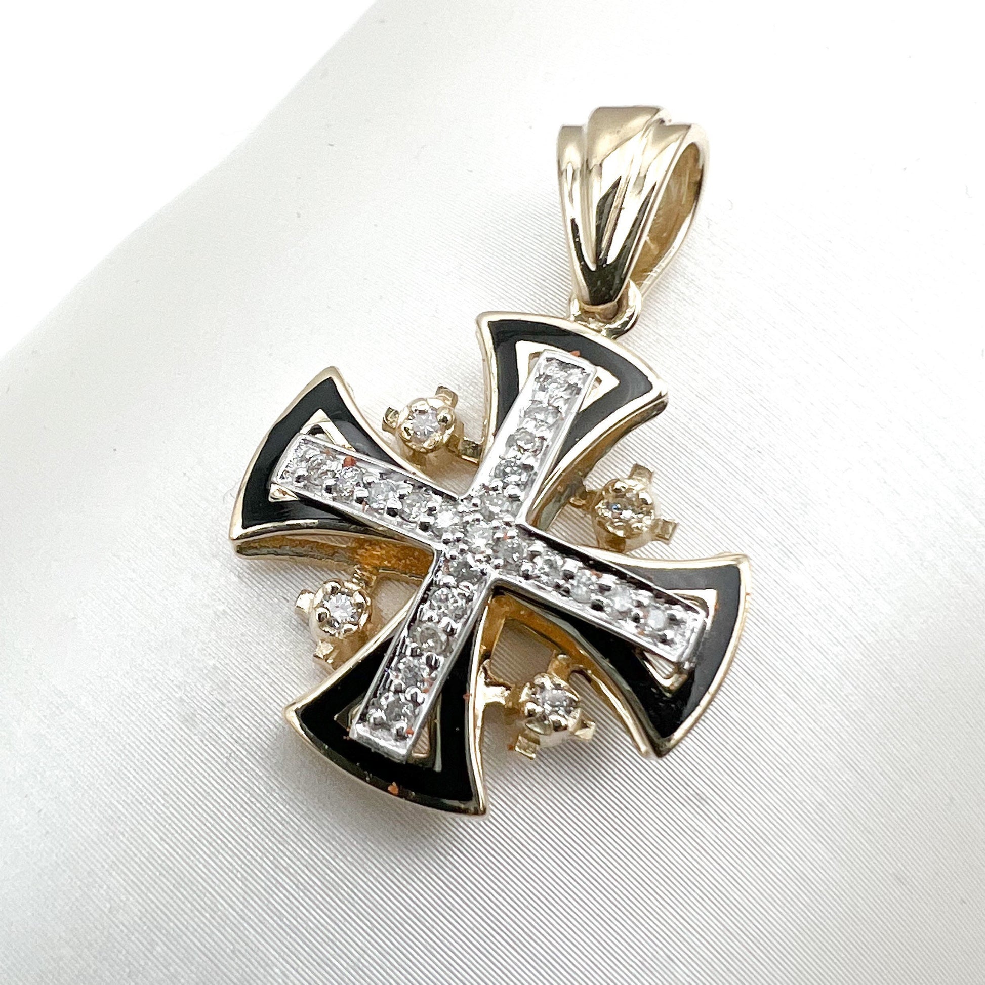 Jerusalem Cross Pendant in 14k Gold with Diamonds and Black Enamel