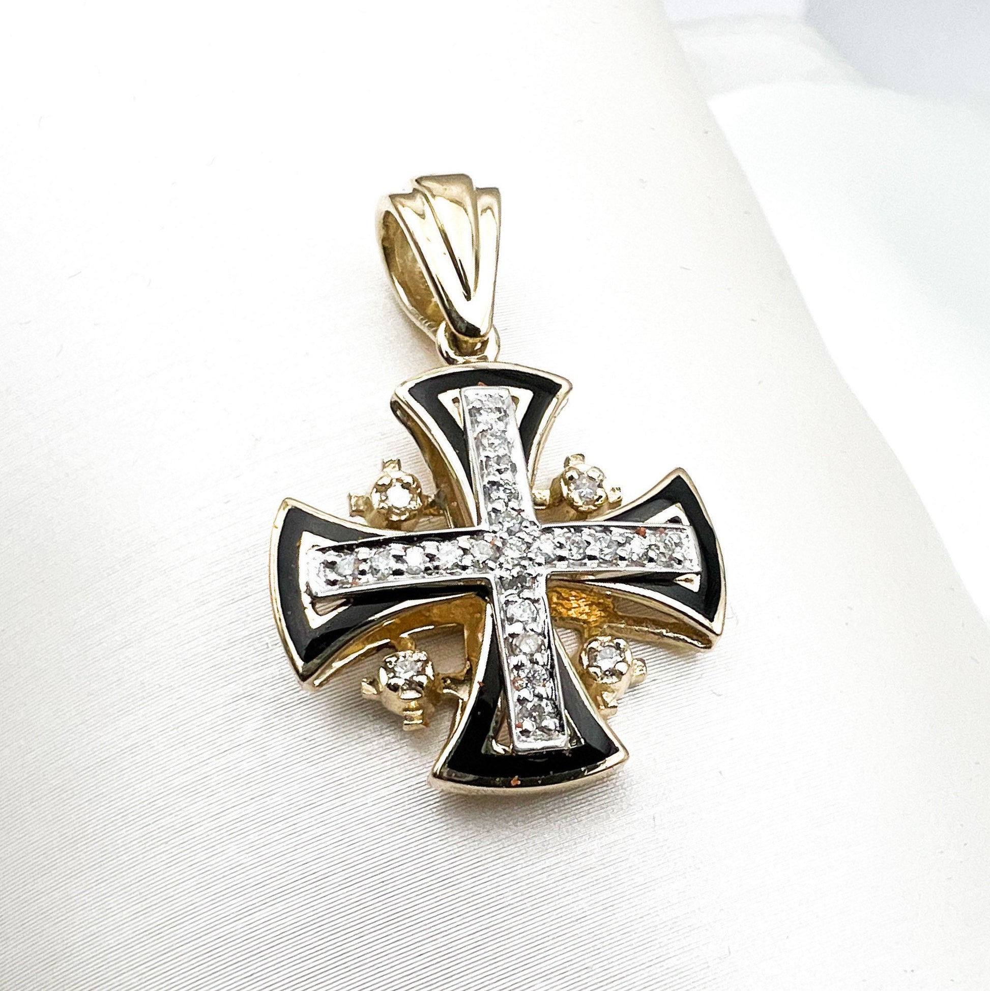 Jerusalem Cross Pendant in 14k Gold with Diamonds and Black Enamel
