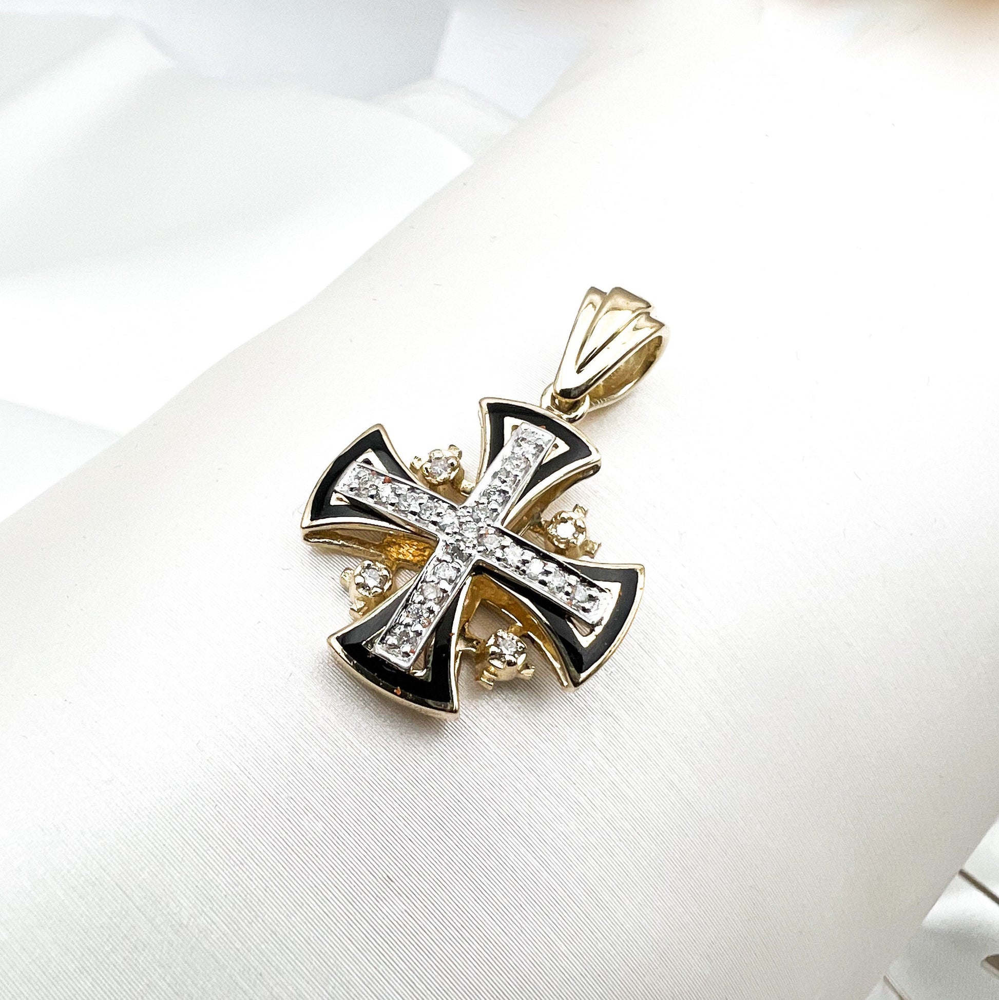 Jerusalem Cross Pendant in 14k Gold with Diamonds and Black Enamel