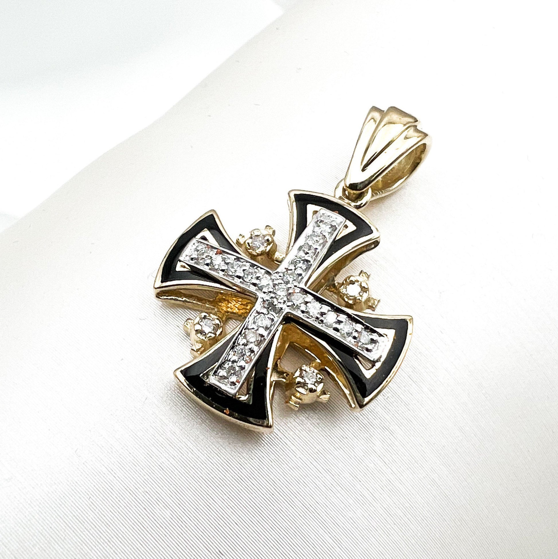 Jerusalem Cross Pendant in 14k Gold with Diamonds and Black Enamel