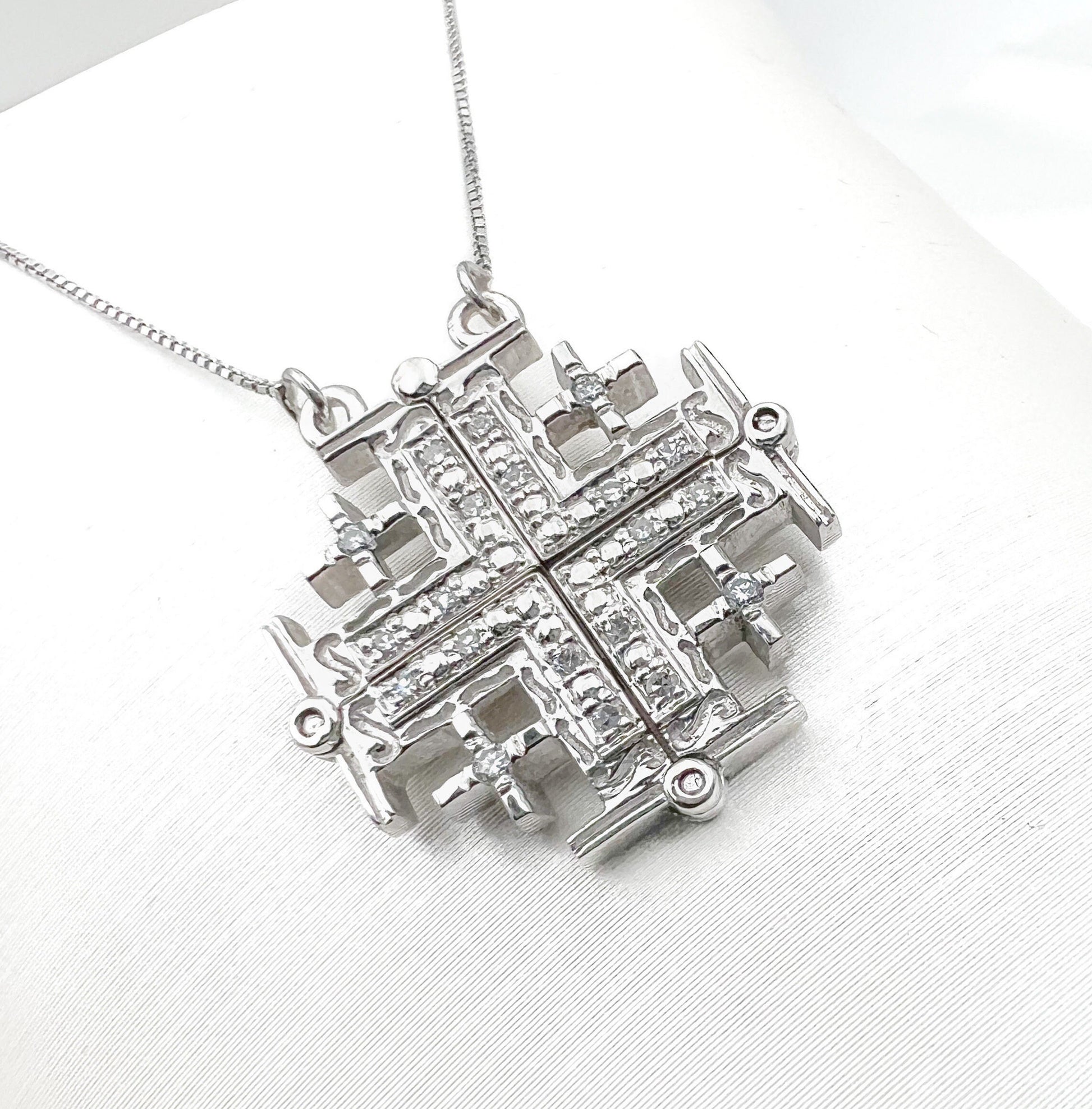 Jerusalem Cross Opening Pendant in 14k White Gold with 20 Diamonds 0.27ct