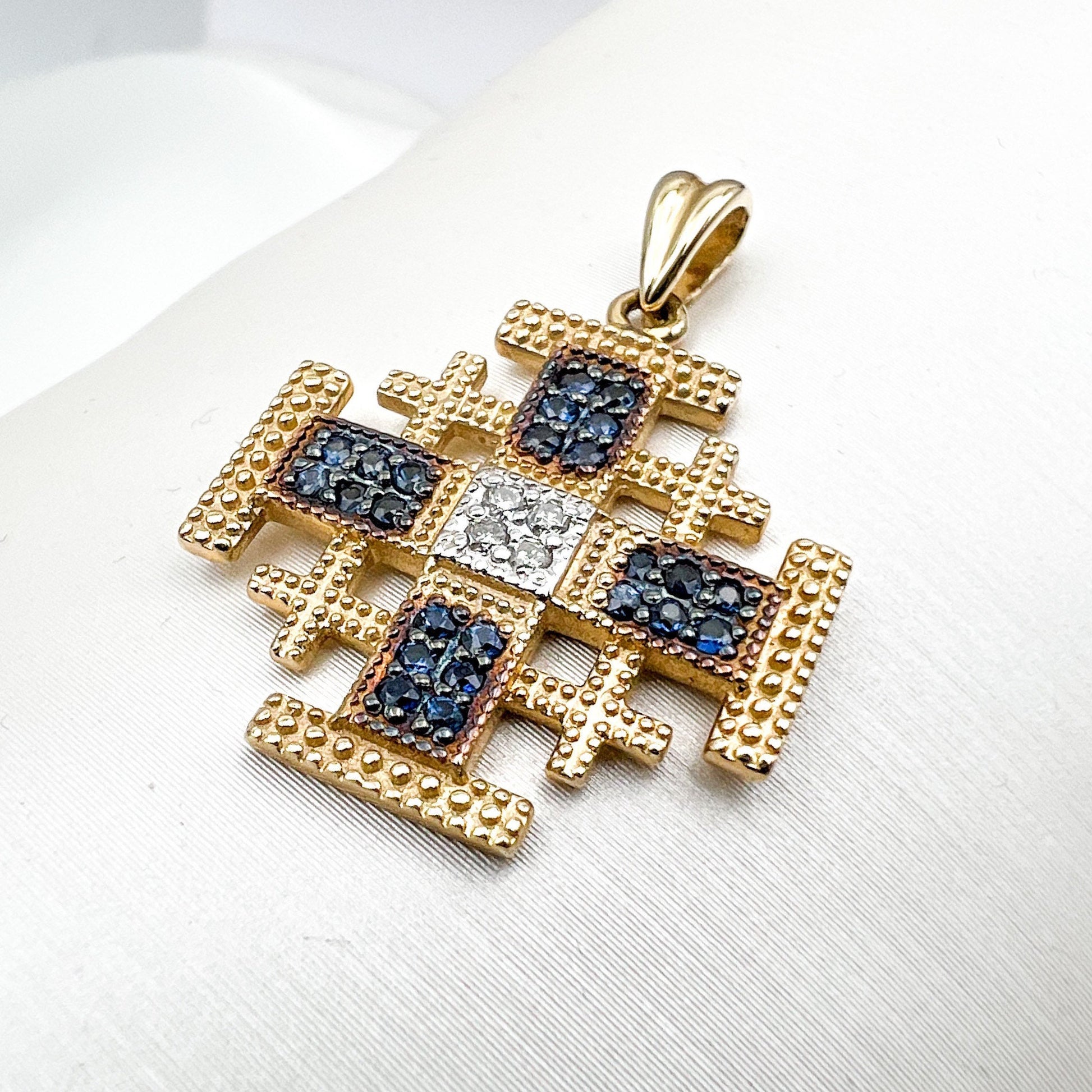 Divine Jerusalem Cross 14k Gold Pendant with Diamonds and Blue Sapphires A Testament of Faith