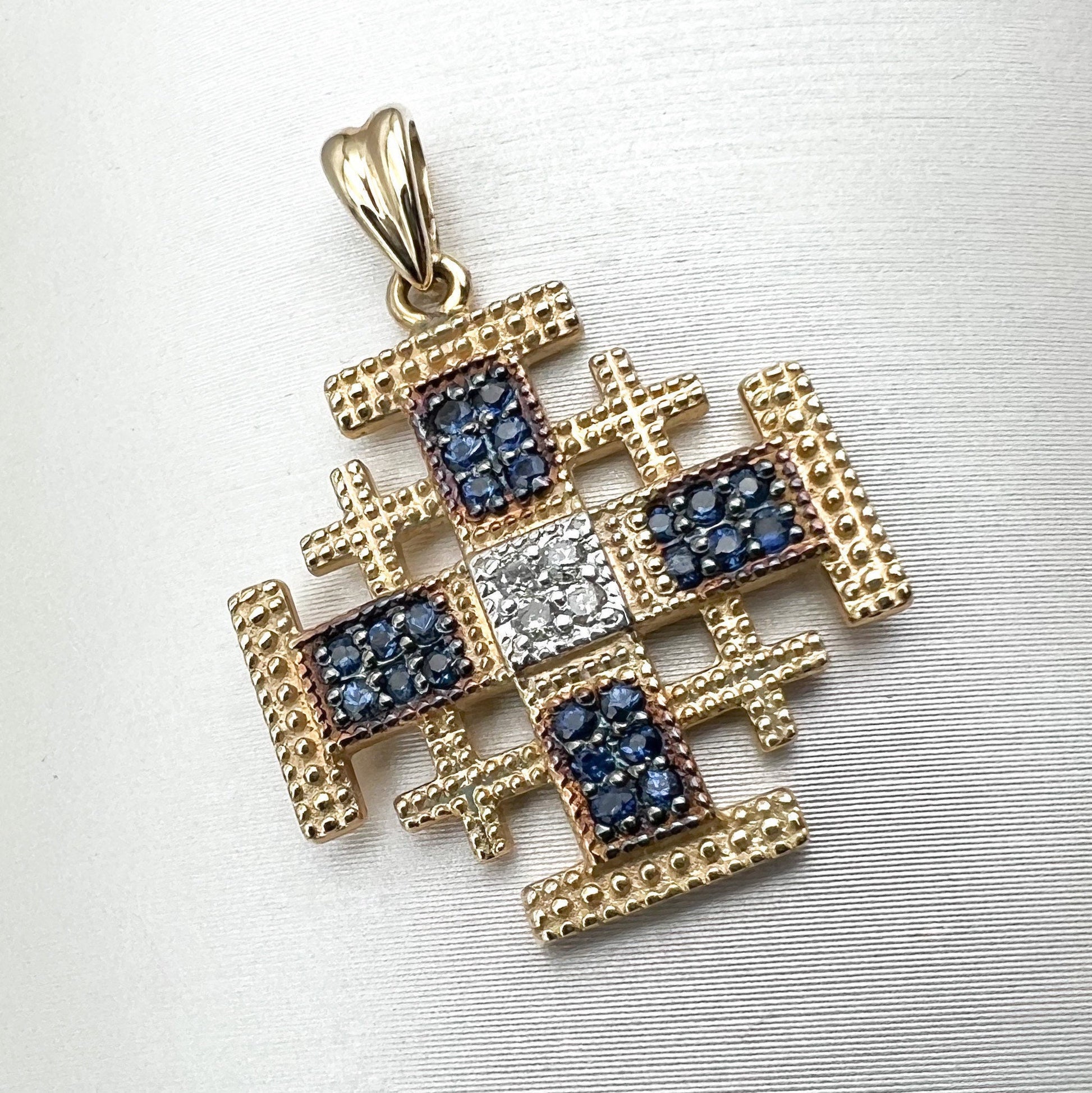 Divine Jerusalem Cross 14k Gold Pendant with Diamonds and Blue Sapphires A Testament of Faith