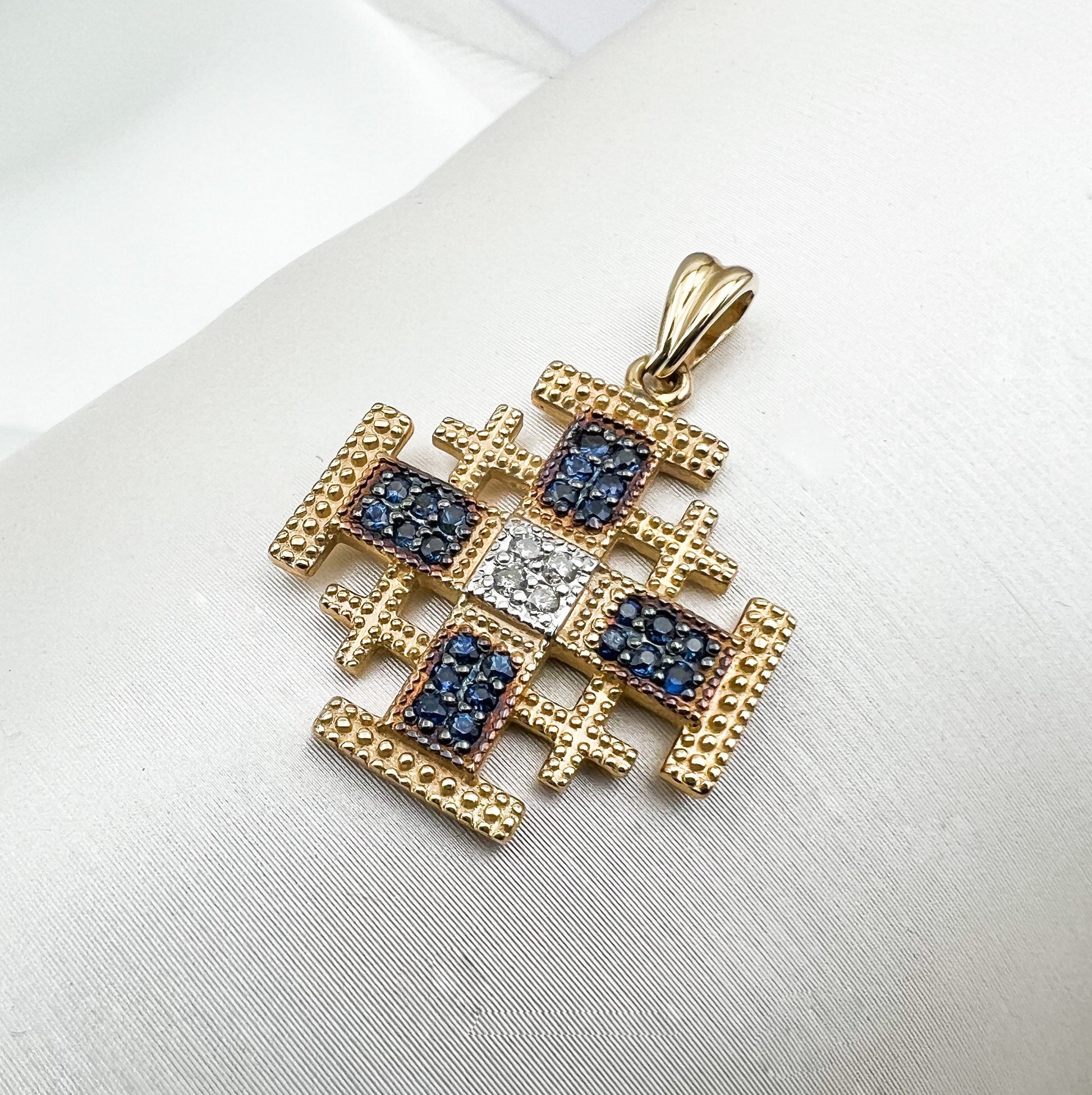 Divine Jerusalem Cross 14k Gold Pendant with Diamonds and Blue Sapphires A Testament of Faith