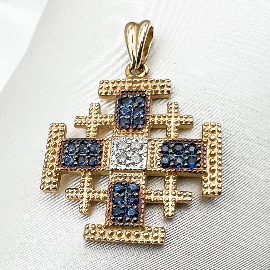 Divine Jerusalem Cross 14k Gold Pendant with Diamonds and Blue Sapphires A Testament of Faith