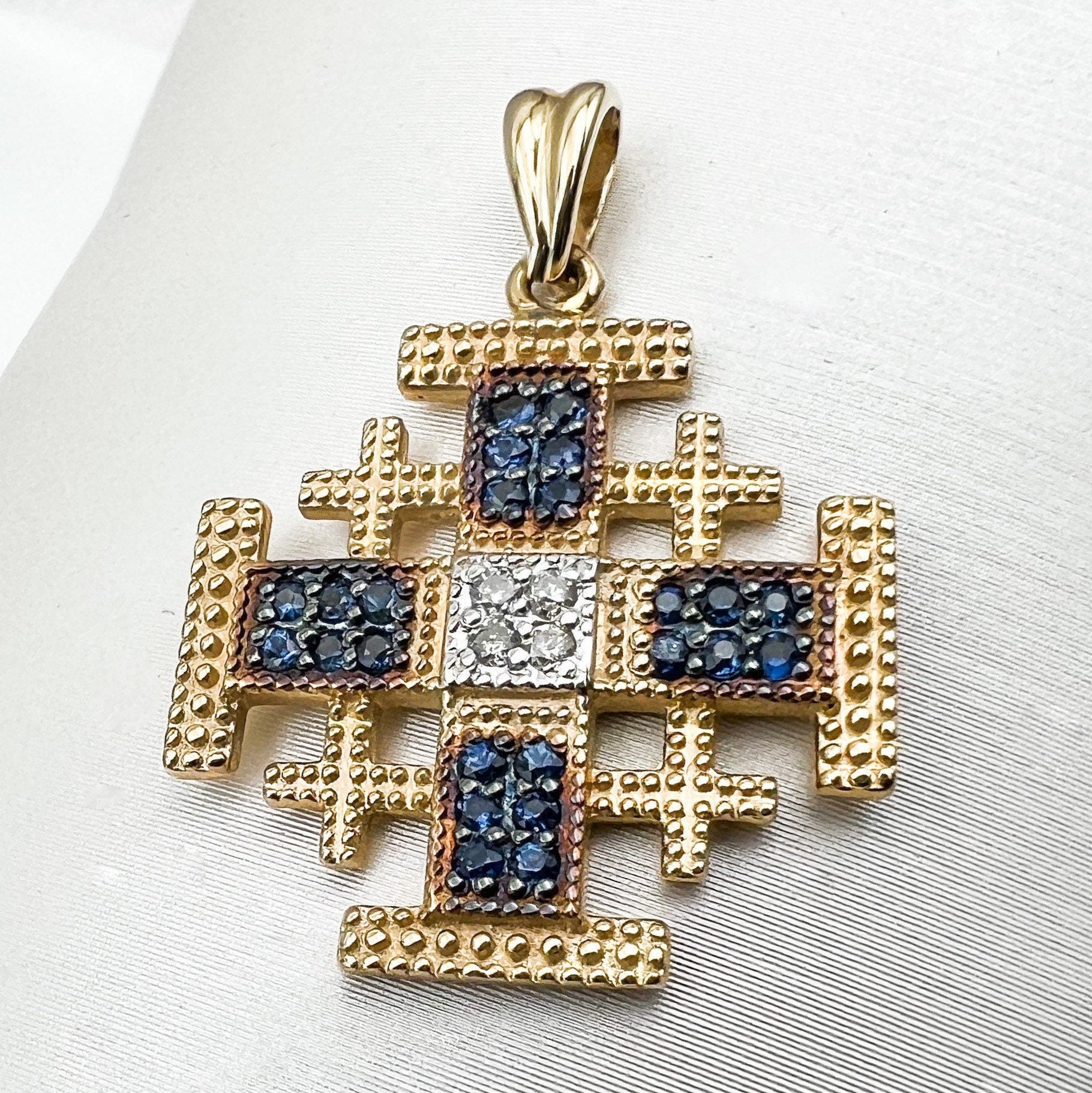Divine Jerusalem Cross 14k Gold Pendant with Diamonds and Blue Sapphires A Testament of Faith