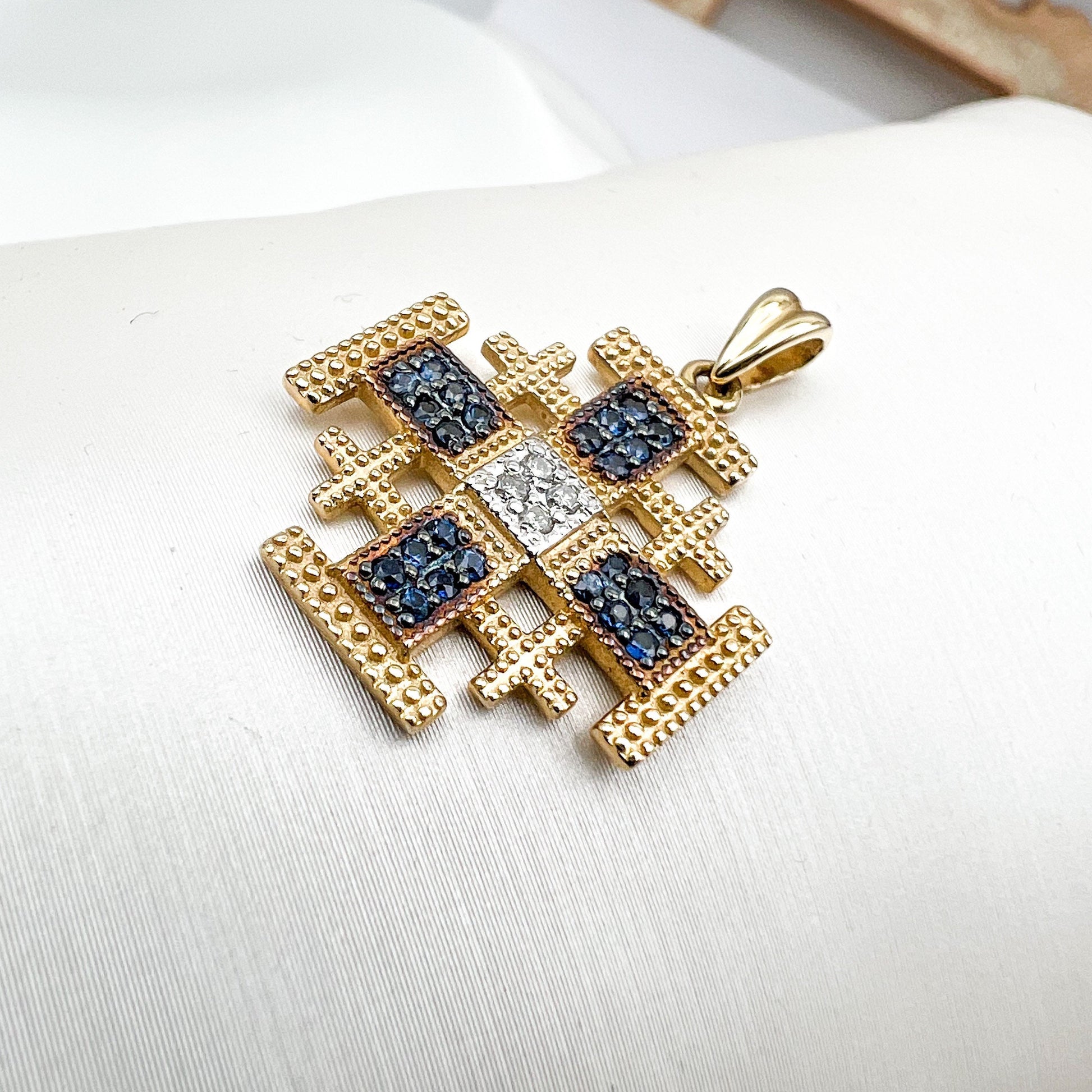 Divine Jerusalem Cross 14k Gold Pendant with Diamonds and Blue Sapphires A Testament of Faith
