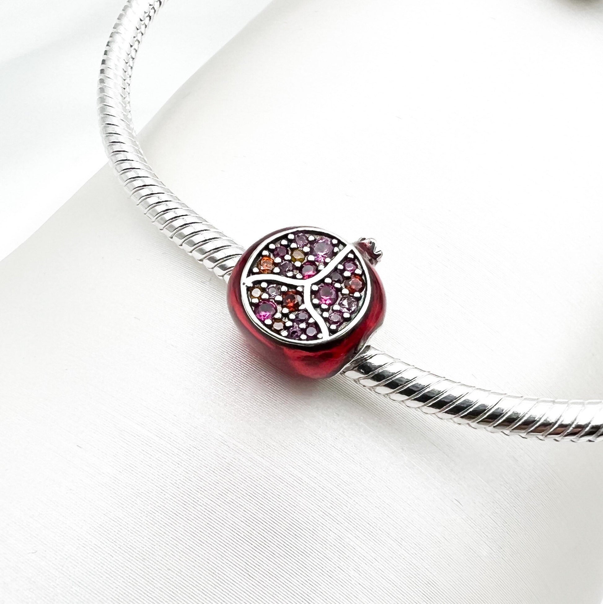 Pomegranate Charm in Silver 925 with Red Enamel and Garnet Stones - Perfect for Pandora Bracelet