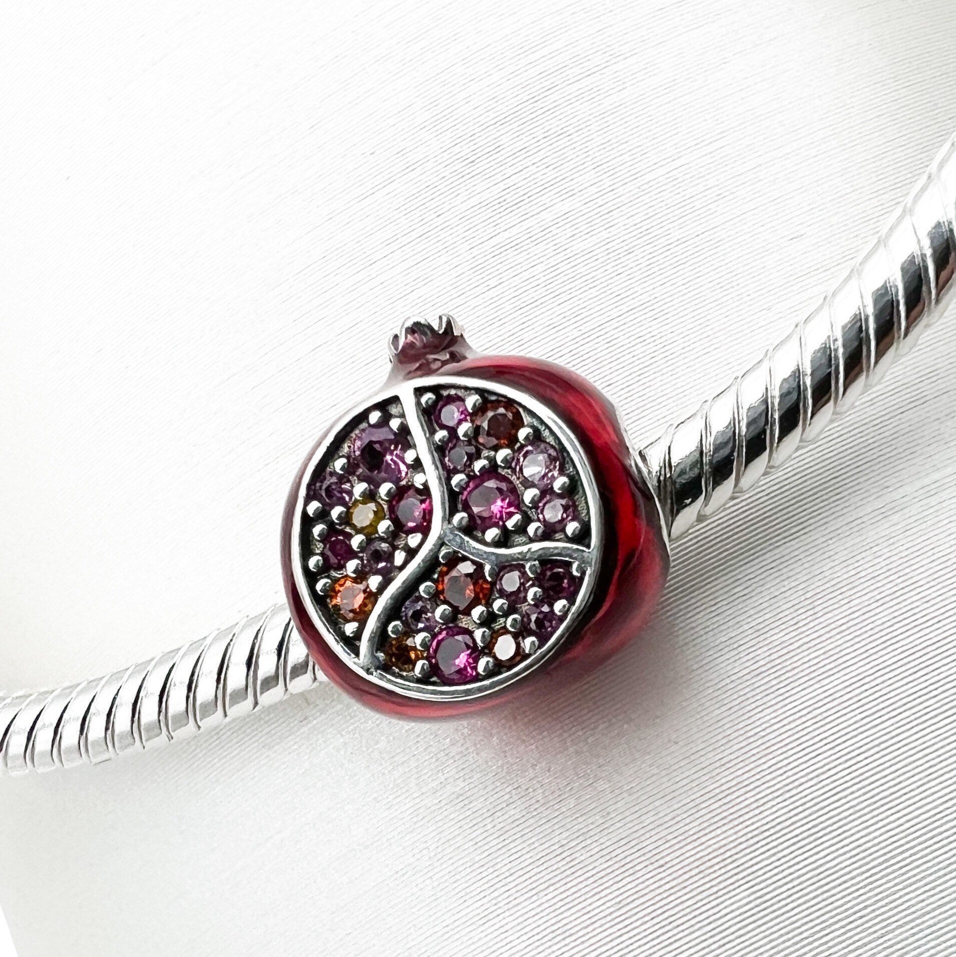 Pomegranate Charm in Silver 925 with Red Enamel and Garnet Stones - Perfect for Pandora Bracelet