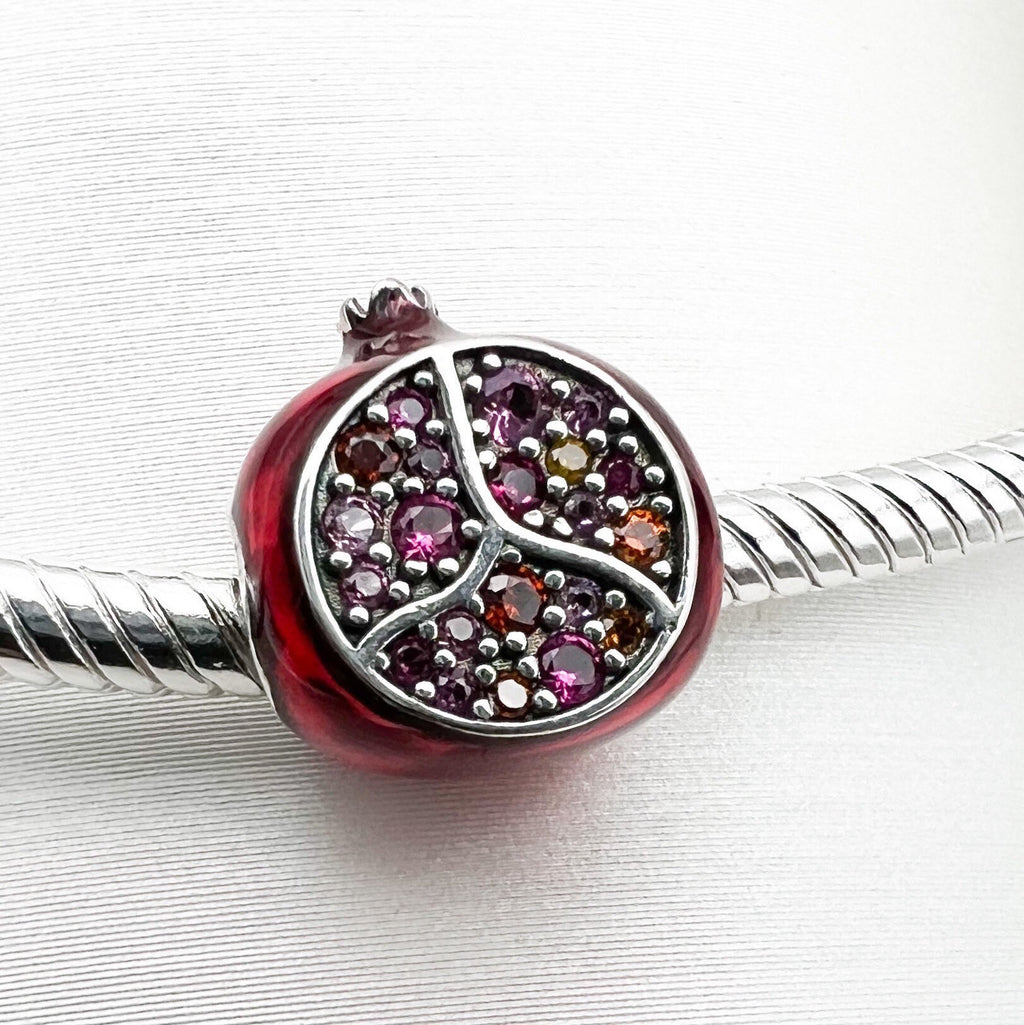 Pomegranate Charm in Silver 925 with Red Enamel and Garnet Stones - Perfect for Pandora Bracelet