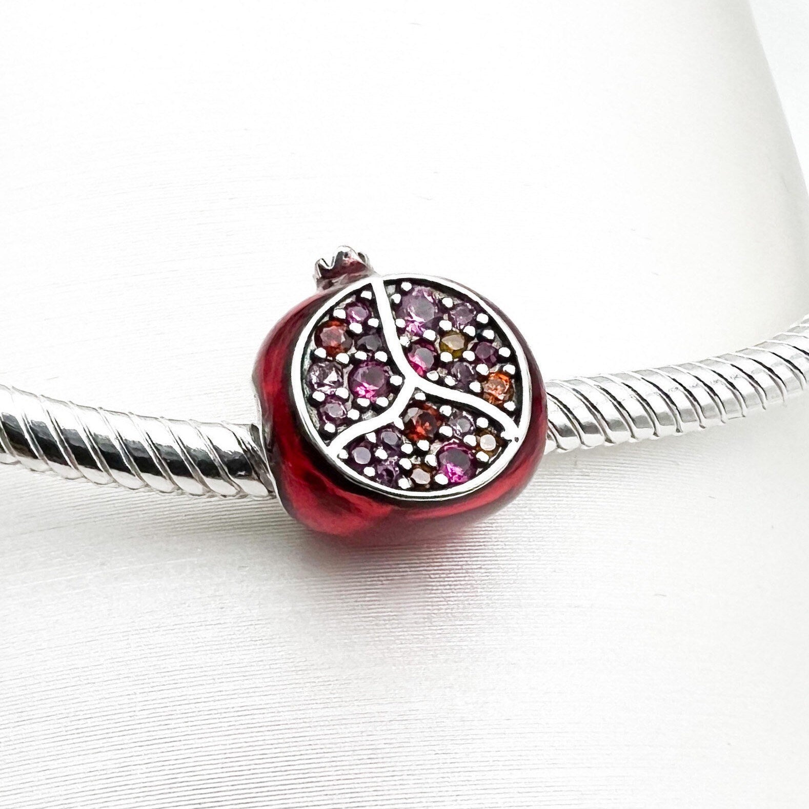 Pomegranate Charm in Silver 925 with Red Enamel and Garnet Stones - Perfect for Pandora Bracelet