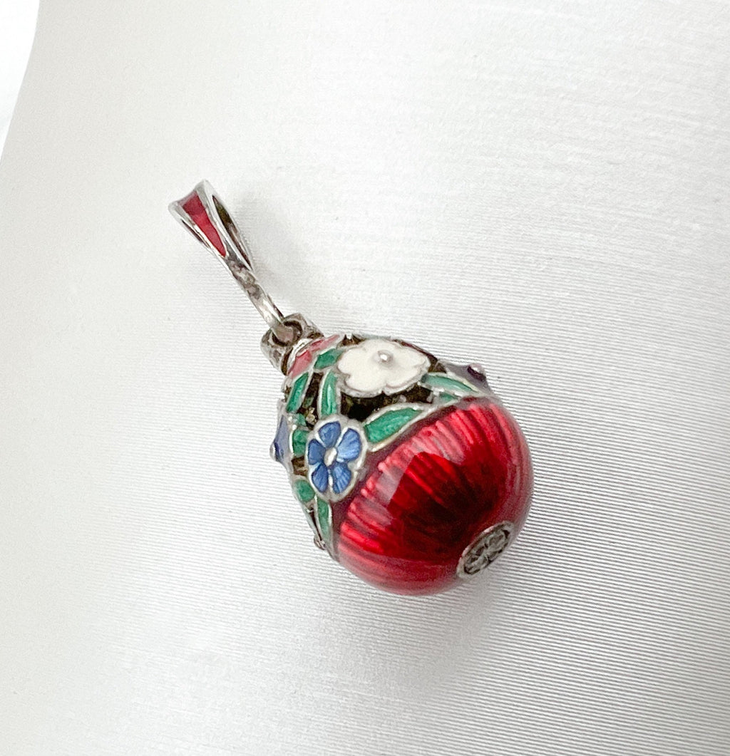 Elegant Colorful Flowers Blessing Egg Charm in Silver 925 with Enamel, Lobster Clip