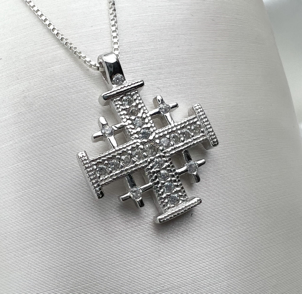 Jerusalem Cross Pendant in Silver 925 with White Zircons