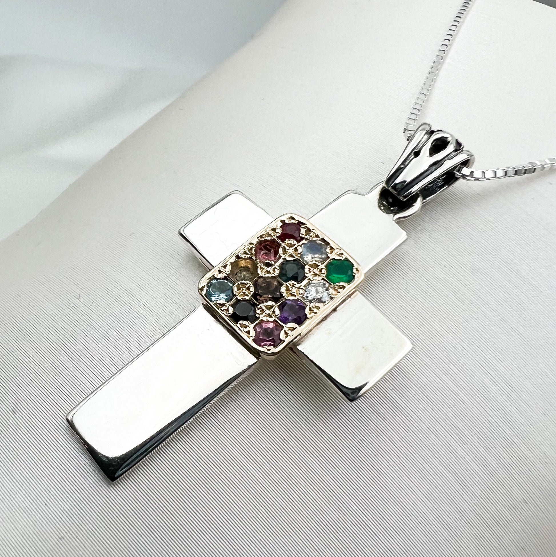Sacred Cross with 12 Hoshen Stones in Silver 925 and 14k Gold Design