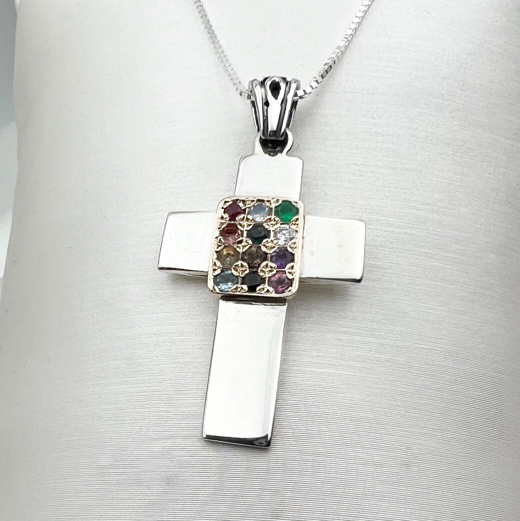 Sacred Cross with 12 Hoshen Stones in Silver 925 and 14k Gold Design