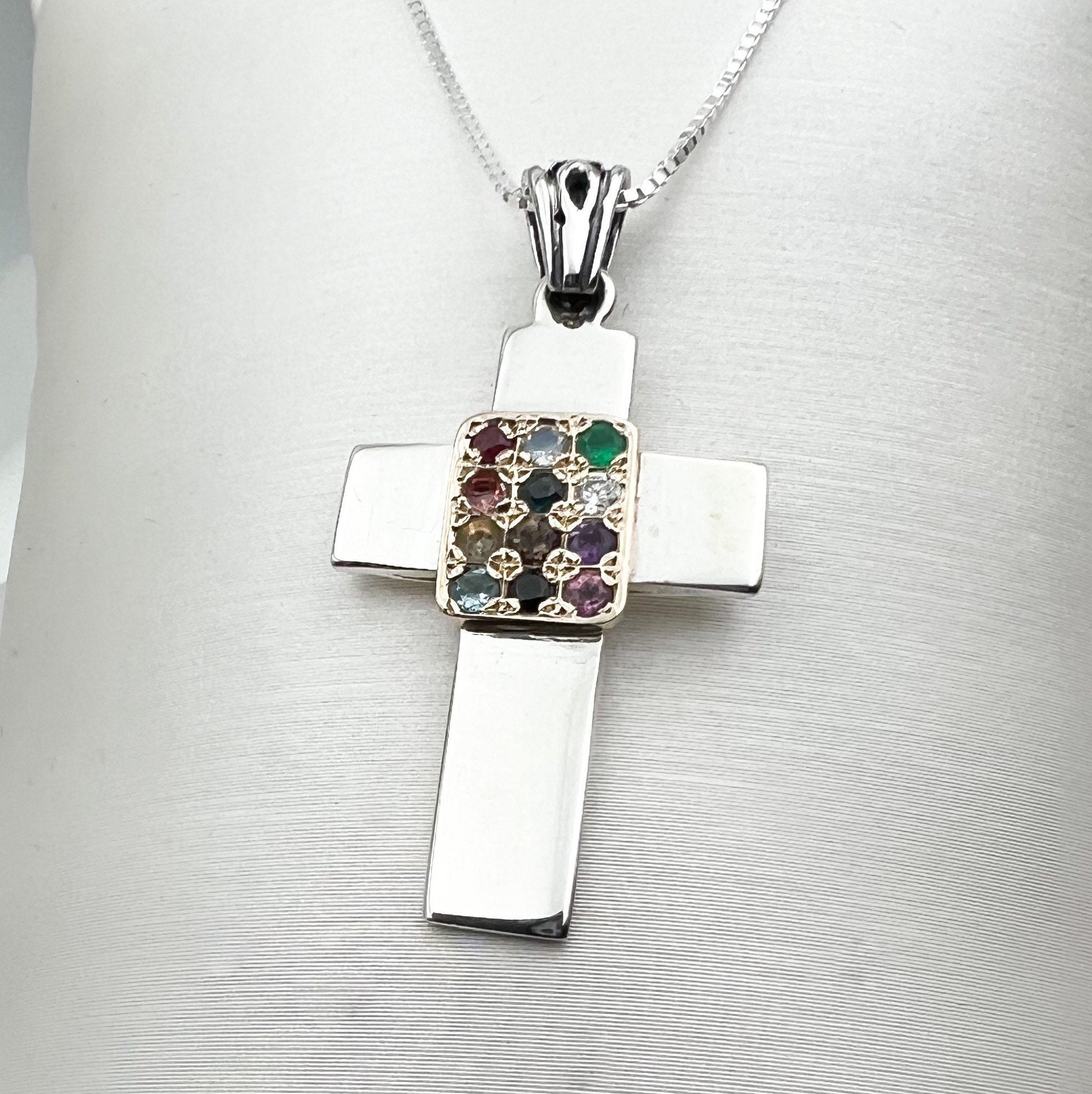 Sacred Cross with 12 Hoshen Stones in Silver 925 and 14k Gold Design