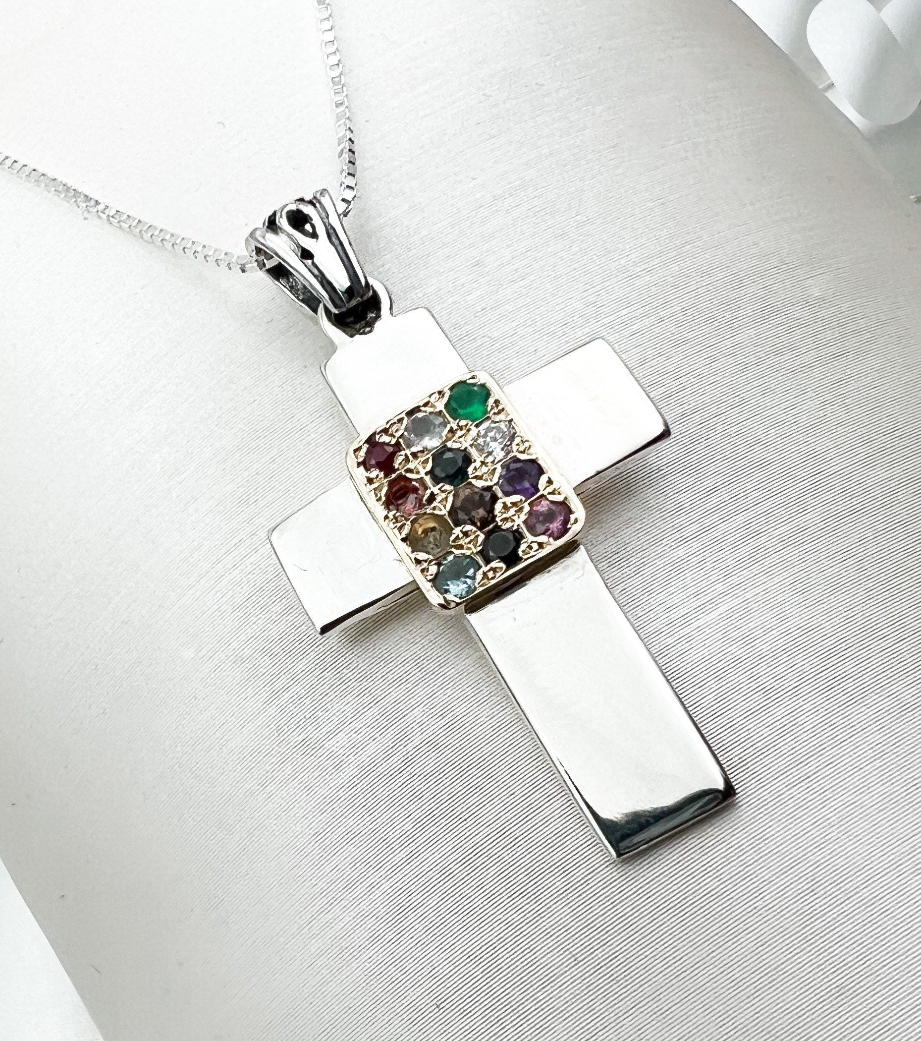 Sacred Cross with 12 Hoshen Stones in Silver 925 and 14k Gold Design