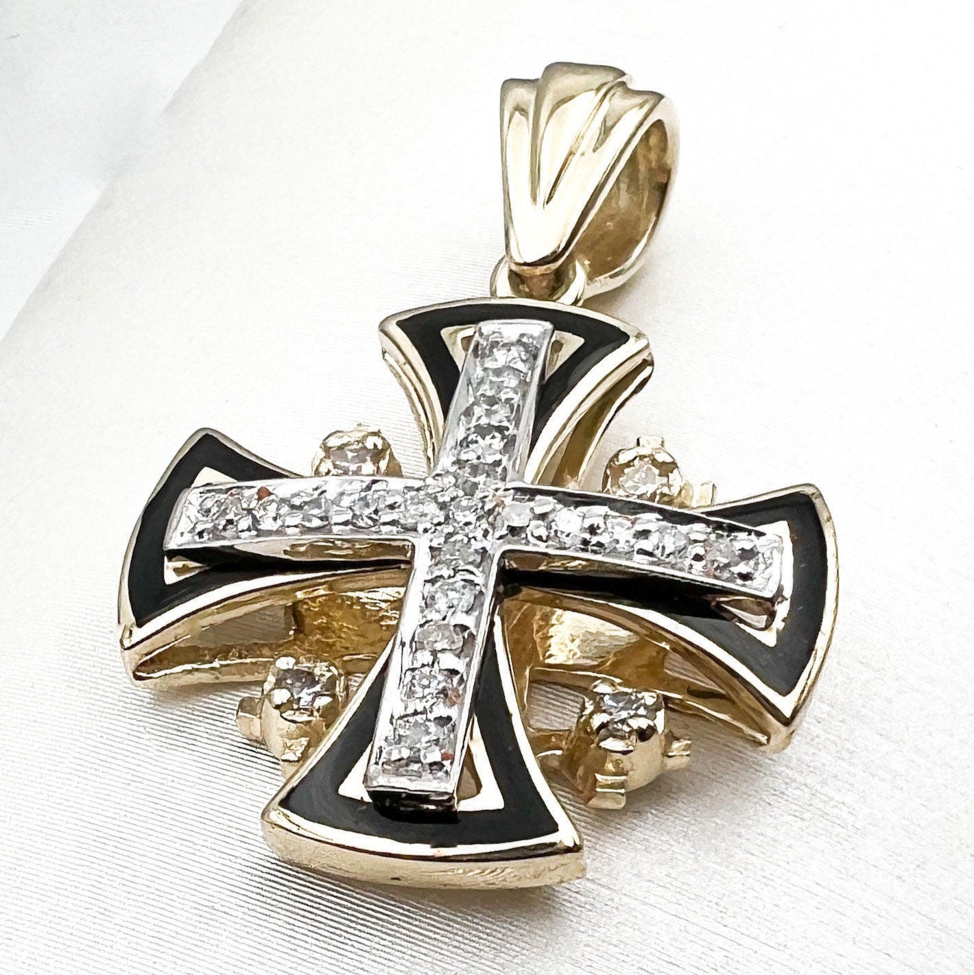 Jerusalem Cross Pendant in 14k Gold with Diamonds and Black Enamel