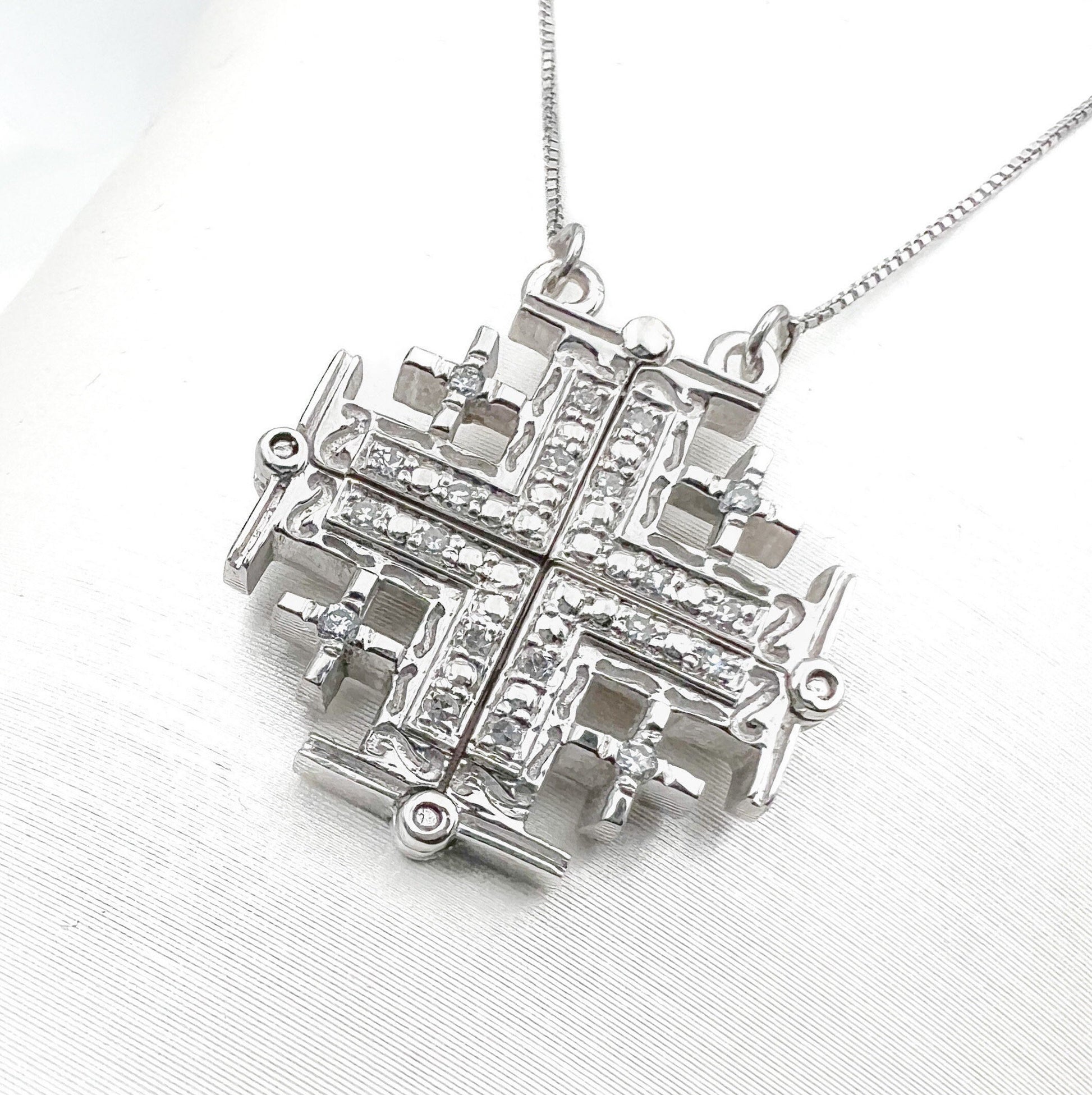 Jerusalem Cross Opening Pendant in 14k White Gold with 20 Diamonds 0.27ct