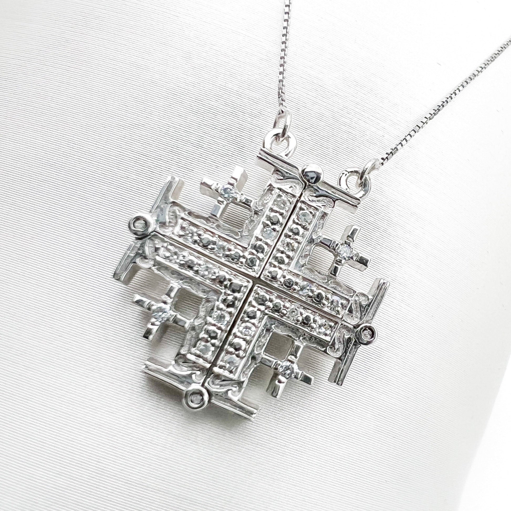 Jerusalem Cross Opening Pendant in 14k White Gold with 20 Diamonds 0.27ct