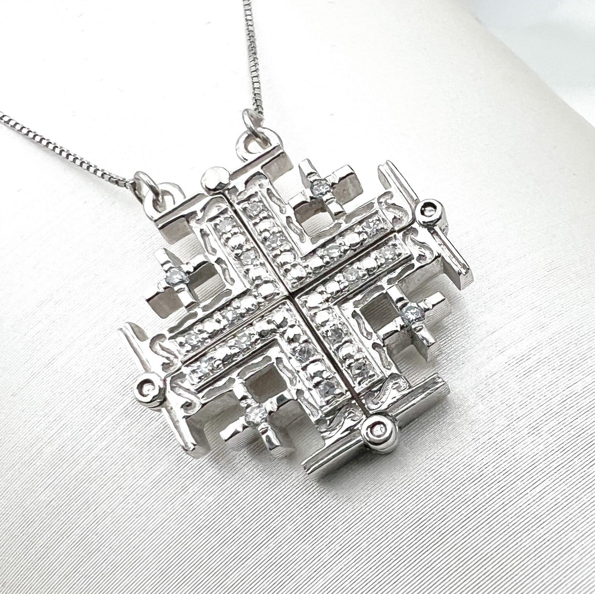 Jerusalem Cross Opening Pendant in 14k White Gold with 20 Diamonds 0.27ct