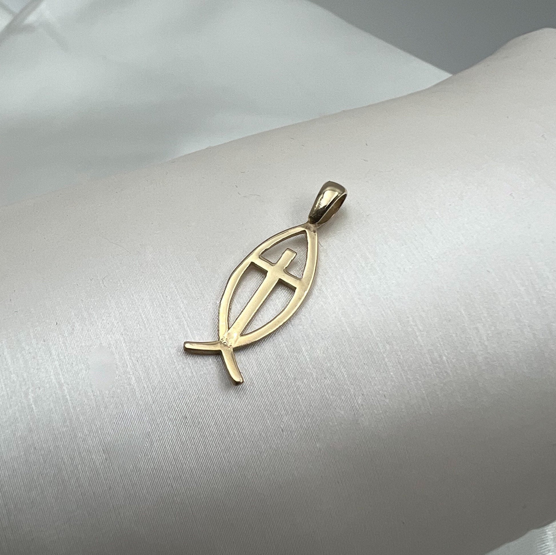 Gold Fish and Cross Pendant in 14k Yellow Gold
