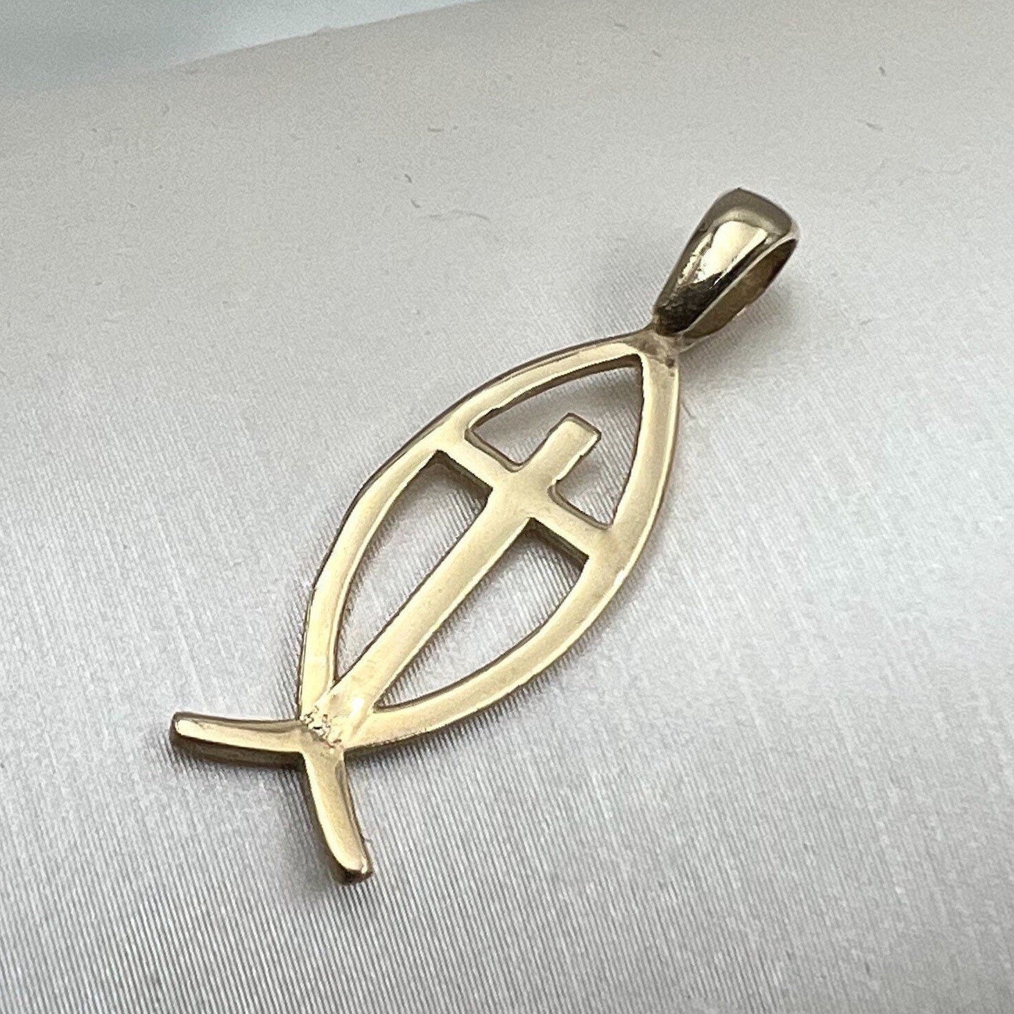 Gold Fish and Cross Pendant in 14k Yellow Gold