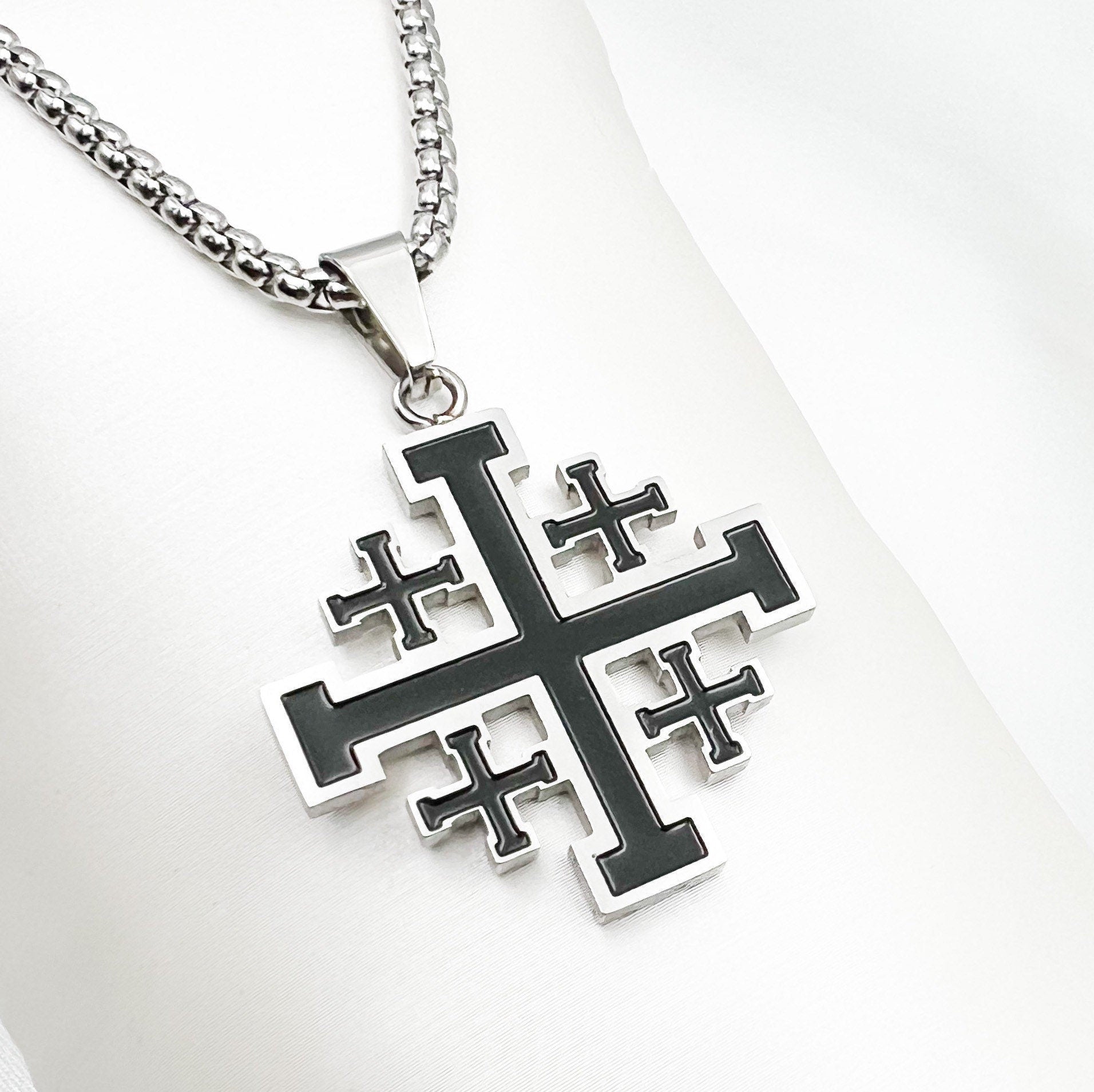 Jerusalem Cross Pendant in Stainless Steel and Black Enamel - Chain Included