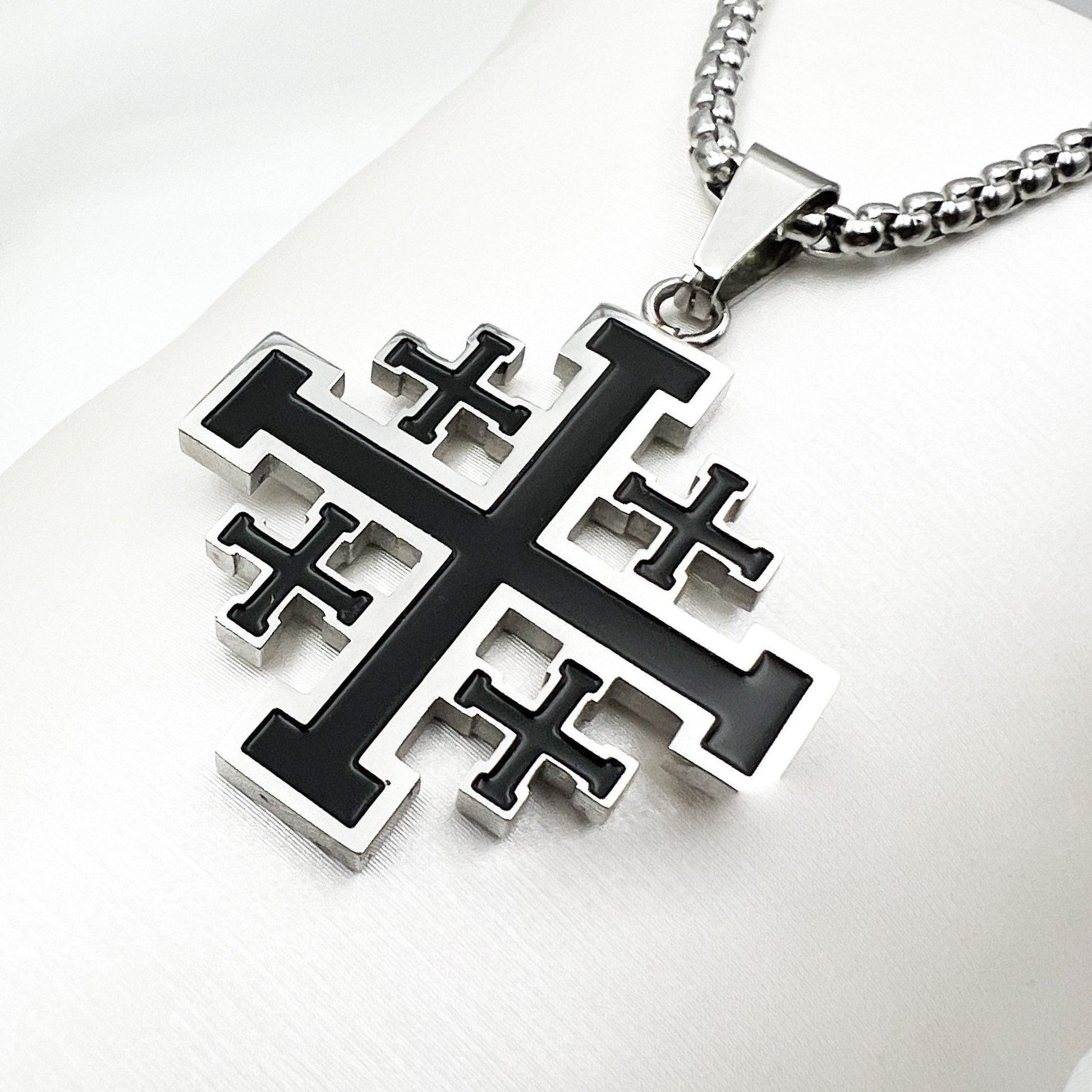Jerusalem Cross Pendant in Stainless Steel and Black Enamel - Chain Included