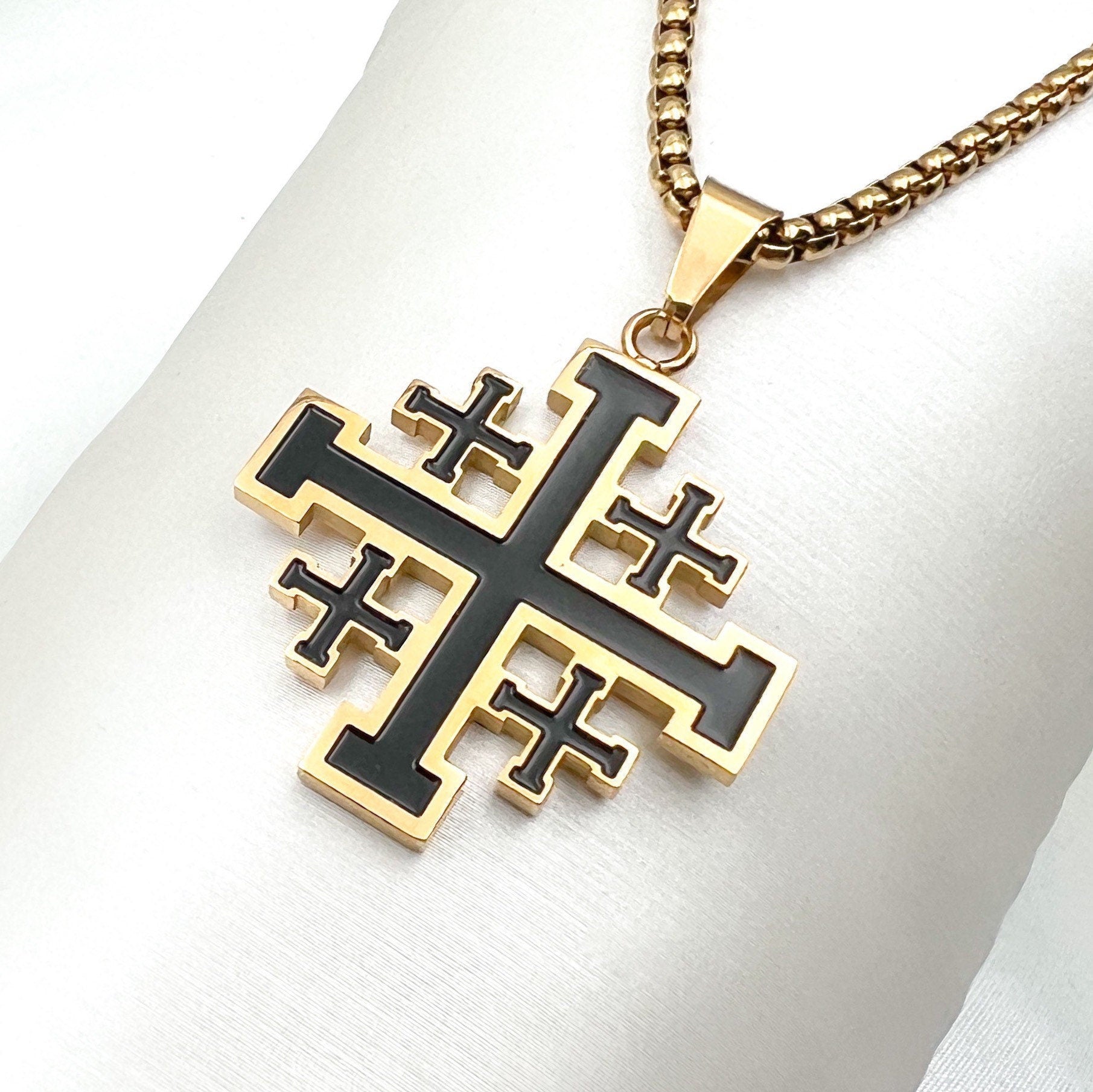 Jerusalem Cross Pendant in Gold with Enamel Detailing - Stainless Steel - Includes Chain